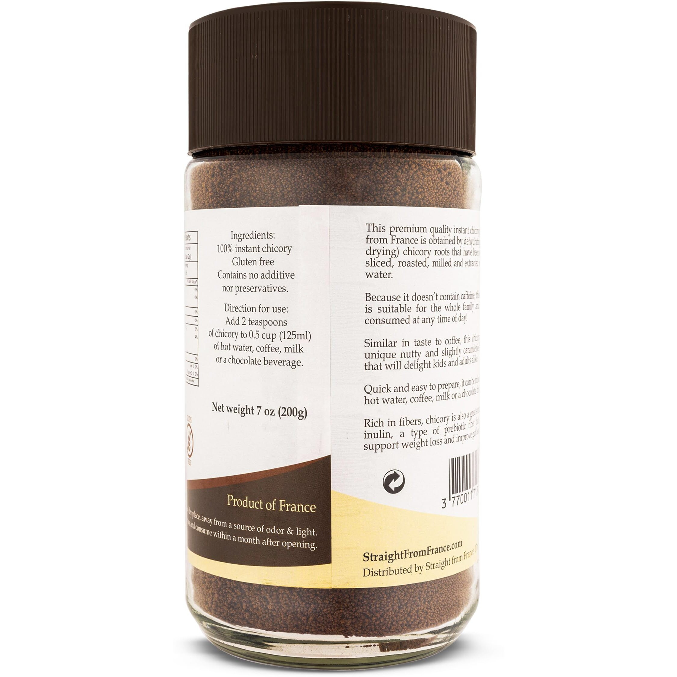 Straight From France Caffeine Free Instant Chicory Powder, Coffee Substitute Rich In Fibers, Great Addition To Hot Chocolate, Milk Or Coffee Beverages 7 Oz