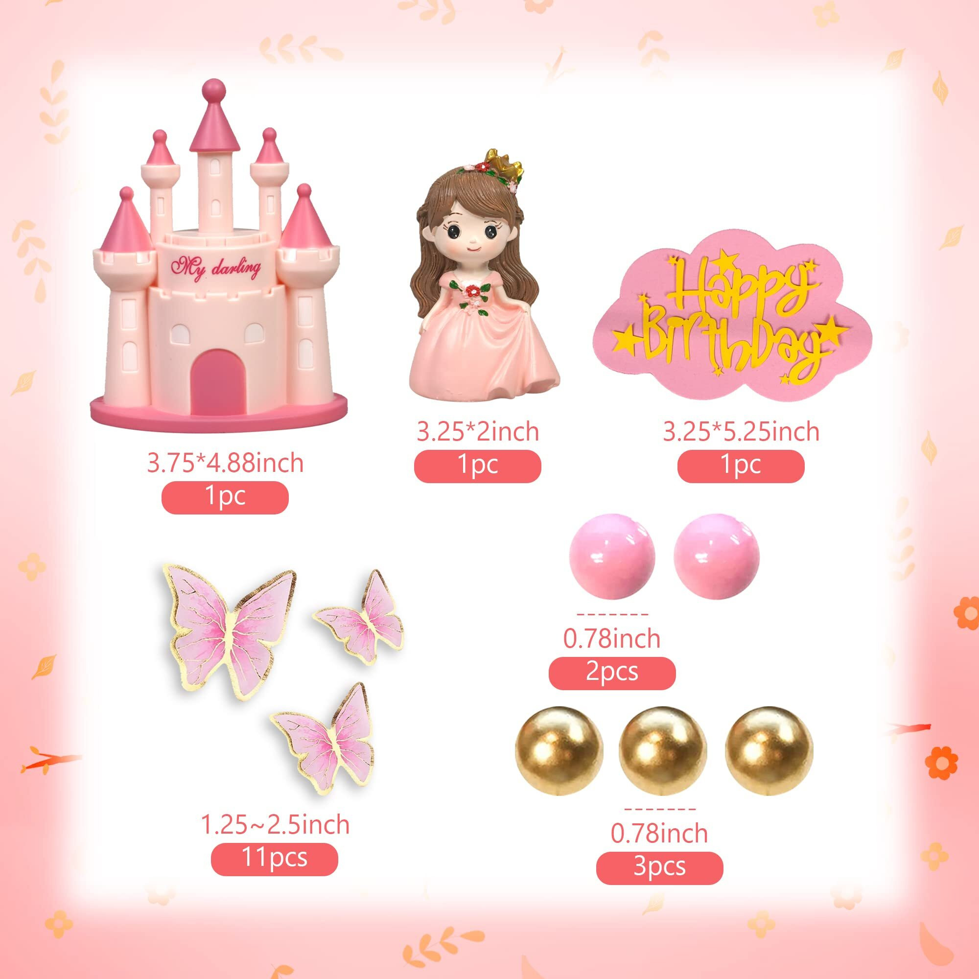 19 Pcs Princess Cake Topper Castle Cake Decoration With Butterflies And Balls For Girl Kid Happy Birthday Party Decorations Princess Baby Shower Supplies (Pink)