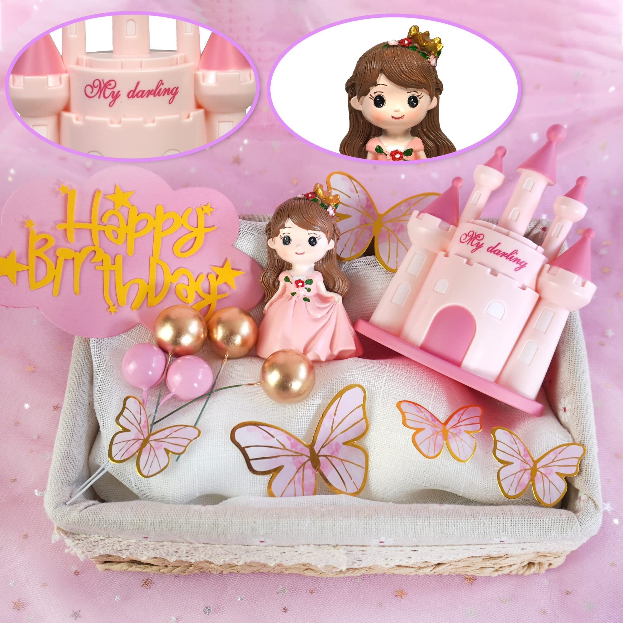 19 Pcs Princess Cake Topper Castle Cake Decoration With Butterflies And Balls For Girl Kid Happy Birthday Party Decorations Princess Baby Shower Supplies (Pink)
