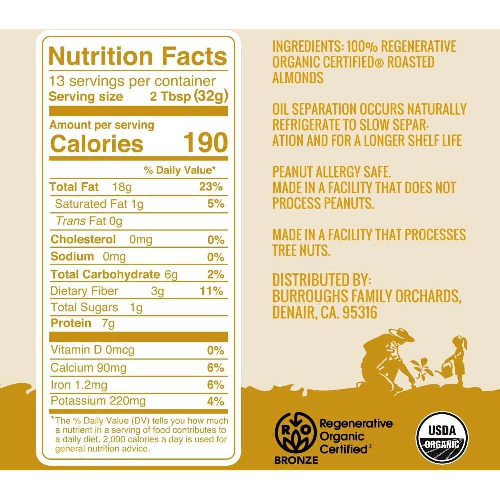 Burroughs Family Farms Regenerative Organic Creamy Almond Butter (14 Oz Pack Of 1, Creamy)
