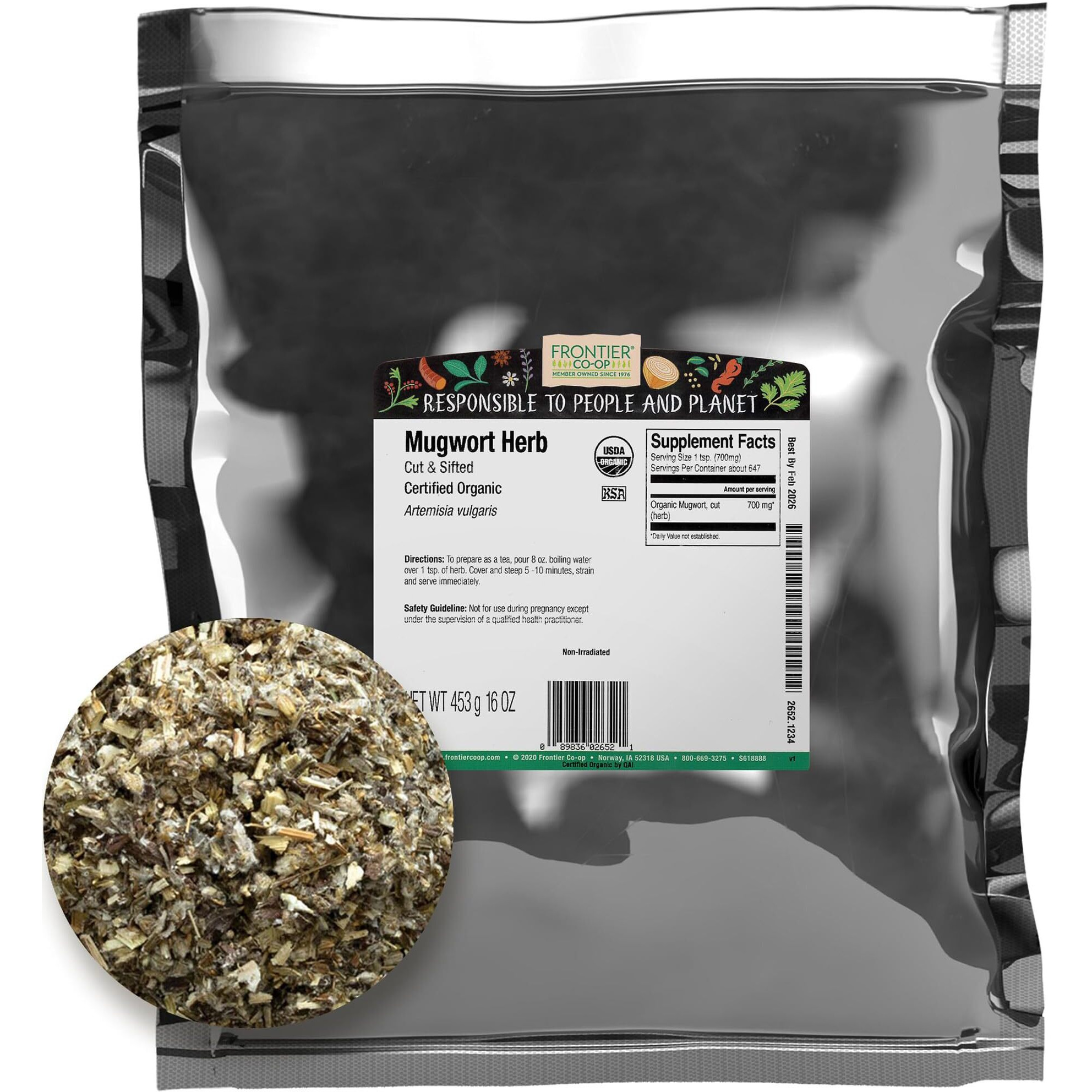 Frontier Co-Op Mugwort Herb, Cut & Sifted, Certified Organic, Kosher | 1 Lb. Bulk Bag | Artemisia Vulgaris L.