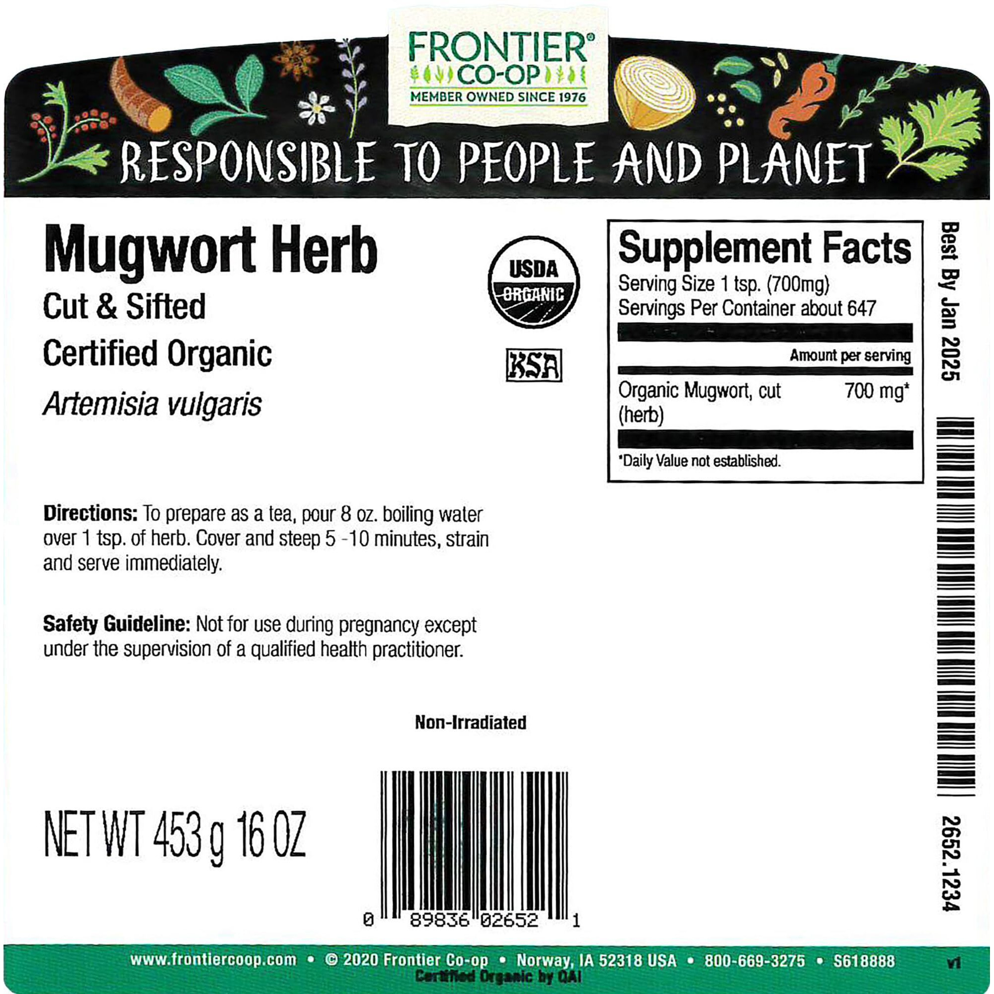Frontier Co-Op Mugwort Herb, Cut & Sifted, Certified Organic, Kosher | 1 Lb. Bulk Bag | Artemisia Vulgaris L.