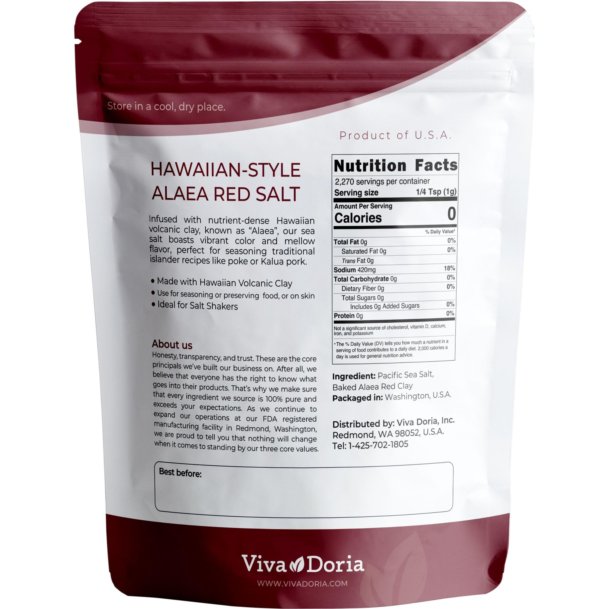 Viva Doria Hawaiian Red Alaea Sea Salt, Medium Grain, 5 Lb