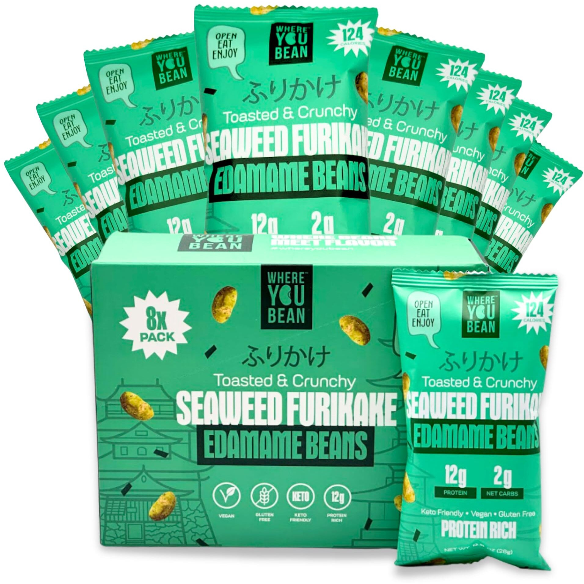Where You Bean Edamame Beans Snack Seaweed Furikake - Dry Roasted Edamame Beans & Seaweed Snacks - High Protein Snacks For Adults - Japanese Snacks - Crunchy Edamame Snacks 0.9 Oz (Pack Of 8)