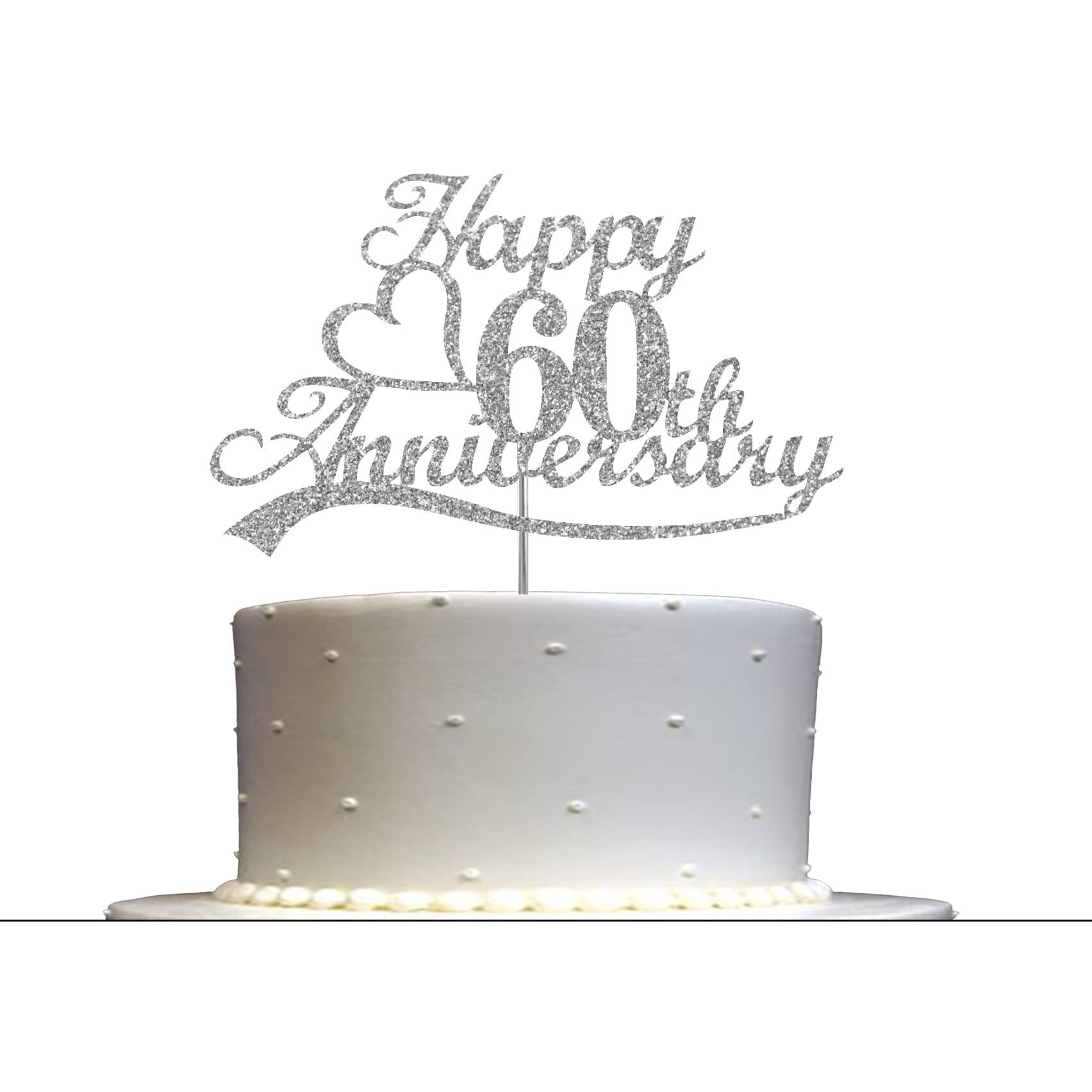 60Th Anniversary Silver Glitter Cake Topper, 60 Wedding Anniversary Party Decoration Ideas, Premium Quality, Sturdy Doubled Sided Glitter, Acrylic Stick. Made In Usa (60Th Silver)