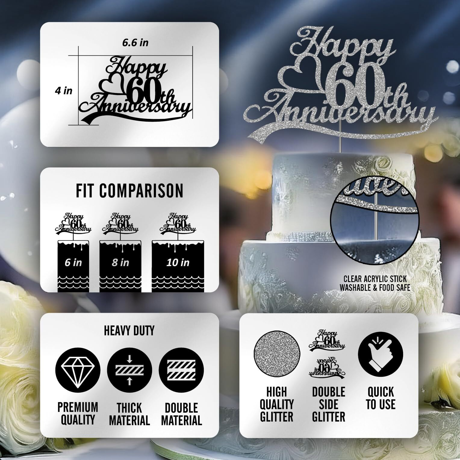 60Th Anniversary Silver Glitter Cake Topper, 60 Wedding Anniversary Party Decoration Ideas, Premium Quality, Sturdy Doubled Sided Glitter, Acrylic Stick. Made In Usa (60Th Silver)
