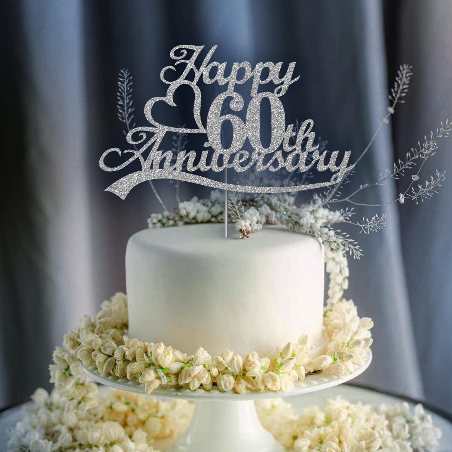 60Th Anniversary Silver Glitter Cake Topper, 60 Wedding Anniversary Party Decoration Ideas, Premium Quality, Sturdy Doubled Sided Glitter, Acrylic Stick. Made In Usa (60Th Silver)