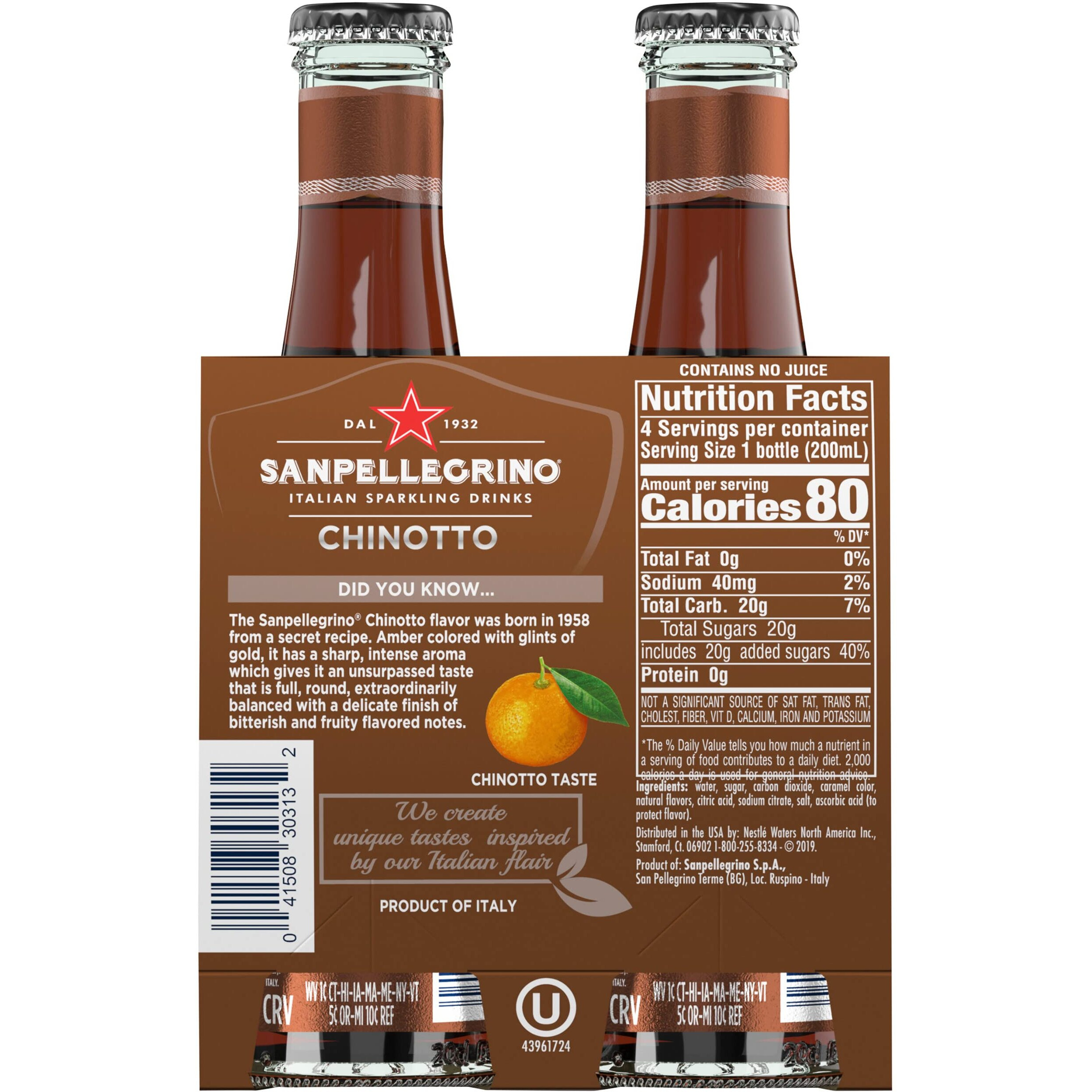 Sanpellegrino Italian Sparkling Drink Chinotto, Sparkling Citrus Beverage, 4 Pack Of 6.75 Fl Oz Bottles