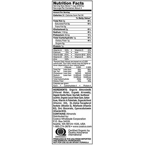 Kirkland Signature Organic Non-Dairy Unsweetened Vanilla Almond Beverage Cartons 12 Ct. (32 Fl. Oz)