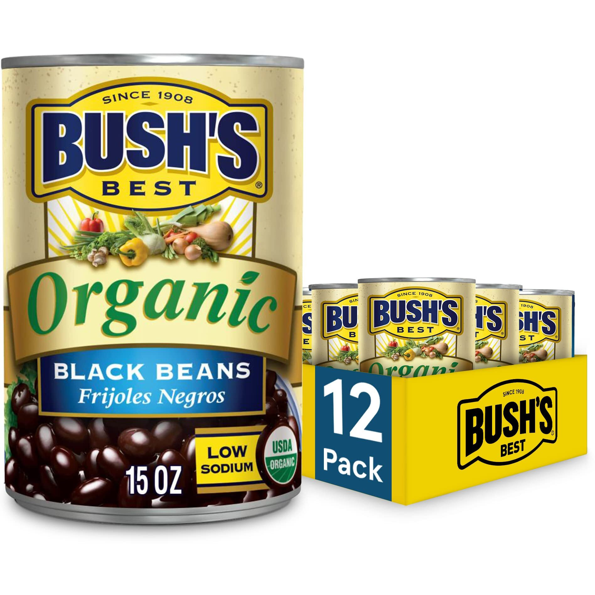 Bush's Best Organic Beans, 15 Ounce Can ,Canned Beans,Usda Certified Organic, Source Of Plant Based Protein And Fiber, Low Fat, Gluten Free (Pack Of 12)