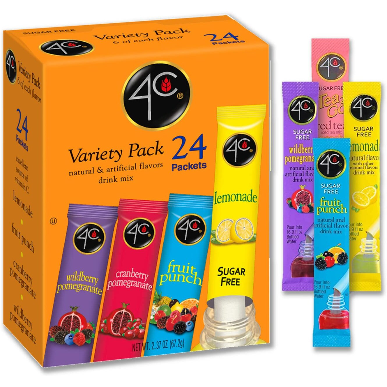4C Powder Drink Mix Packets, Variety 6 Pack, 24 Count, Singles Stix On The Go, Refreshing Sugar Free Water Flavorings