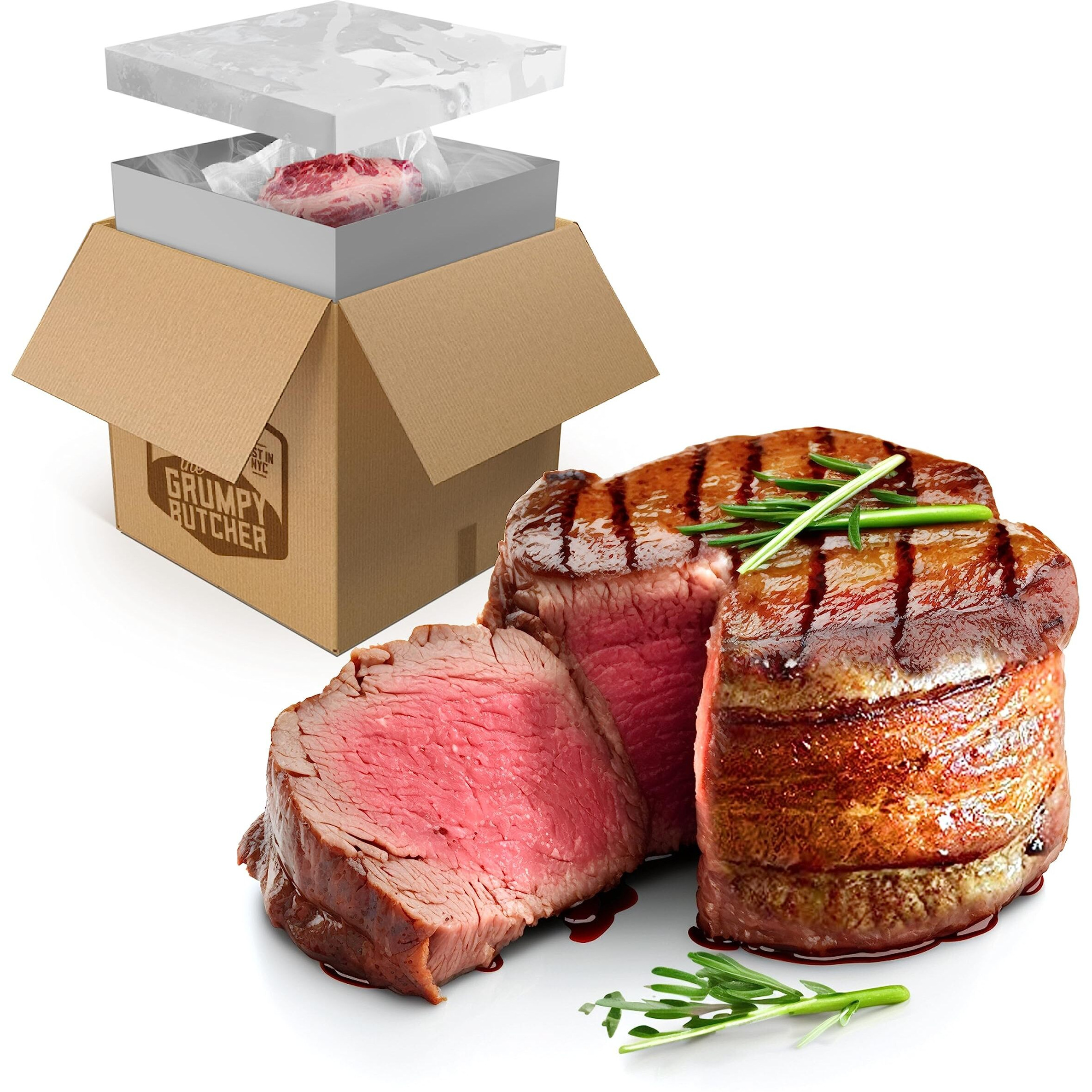 Grumpy Butcher 4 Large Filet Mignon Steaks, 8 Oz Each Prime Steak House Size Beef Tenderloin Center Cut - With Steaks Gift Packages Specials Option