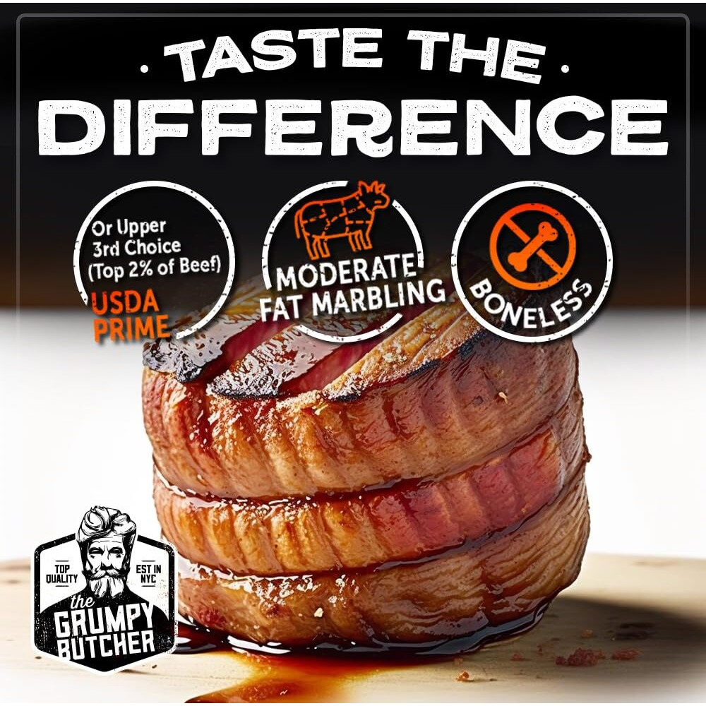 Grumpy Butcher 4 Large Filet Mignon Steaks, 8 Oz Each Prime Steak House Size Beef Tenderloin Center Cut - With Steaks Gift Packages Specials Option