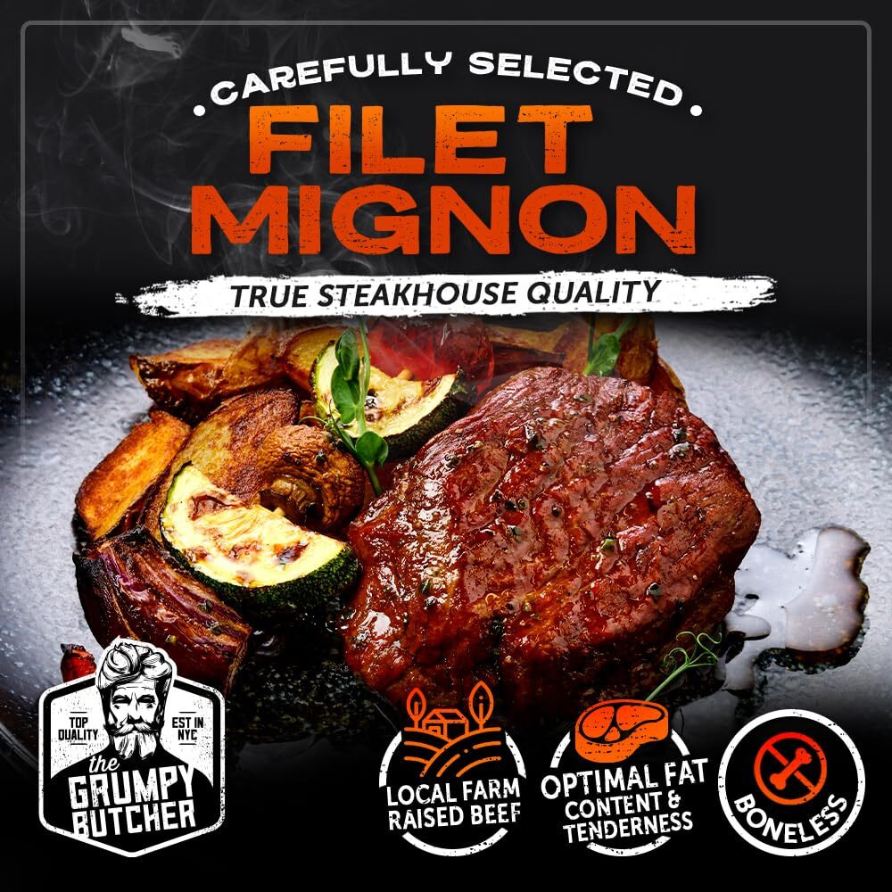 Grumpy Butcher 4 Large Filet Mignon Steaks, 8 Oz Each Prime Steak House Size Beef Tenderloin Center Cut - With Steaks Gift Packages Specials Option
