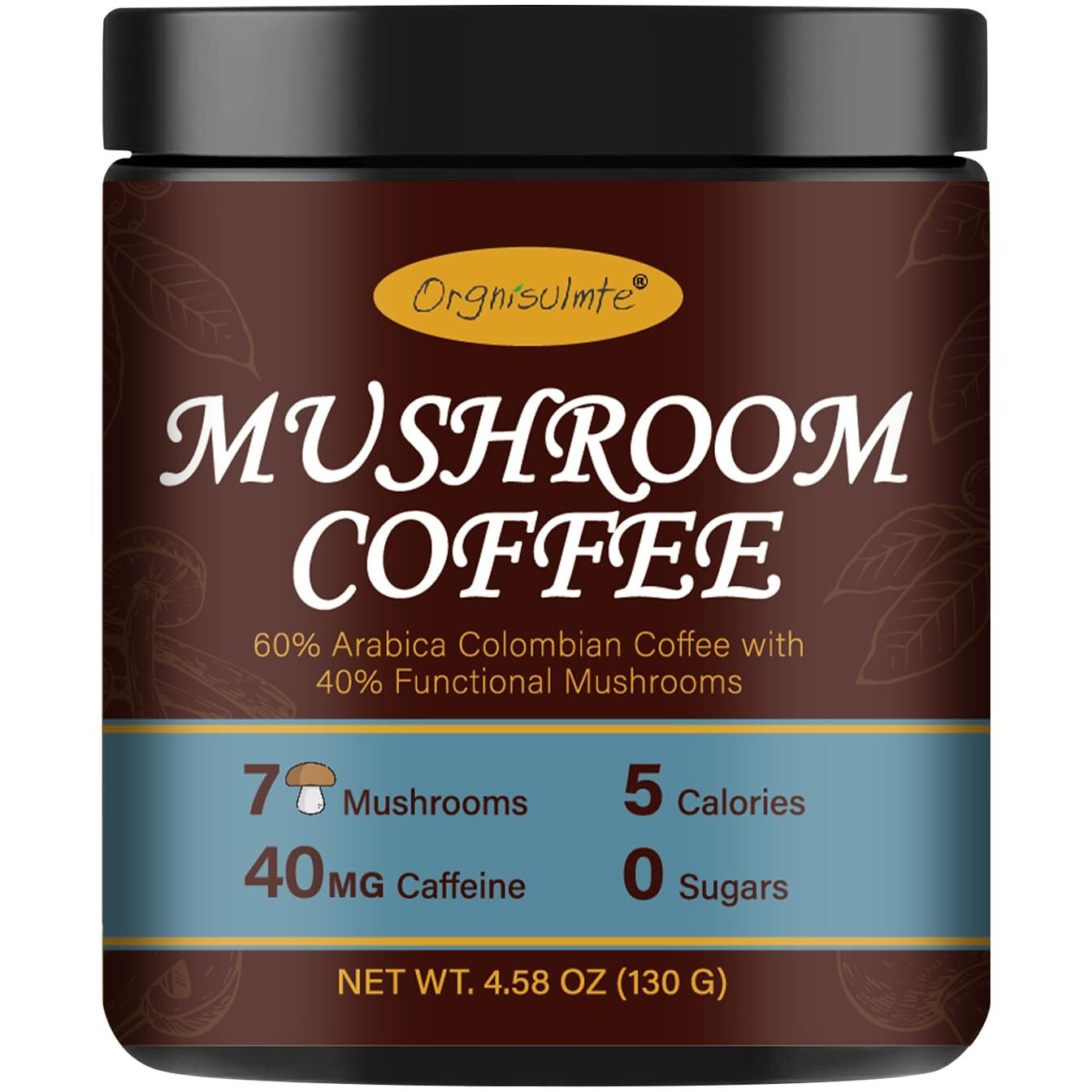 Orgnisulmte Premium Mushroom Coffee 4.58 Oz, Fresh Ground Colombian Instant Coffee With 7 Superfood Mushrooms Better Taste, Natural Ingredients Gluten Free, Vegan, Keto, Non-Gmo 130G