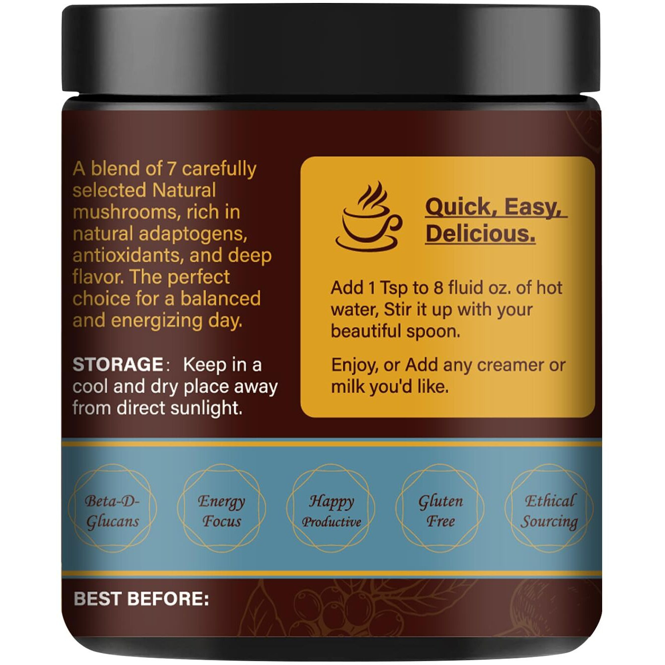 Orgnisulmte Premium Mushroom Coffee 4.58 Oz, Fresh Ground Colombian Instant Coffee With 7 Superfood Mushrooms Better Taste, Natural Ingredients Gluten Free, Vegan, Keto, Non-Gmo 130G