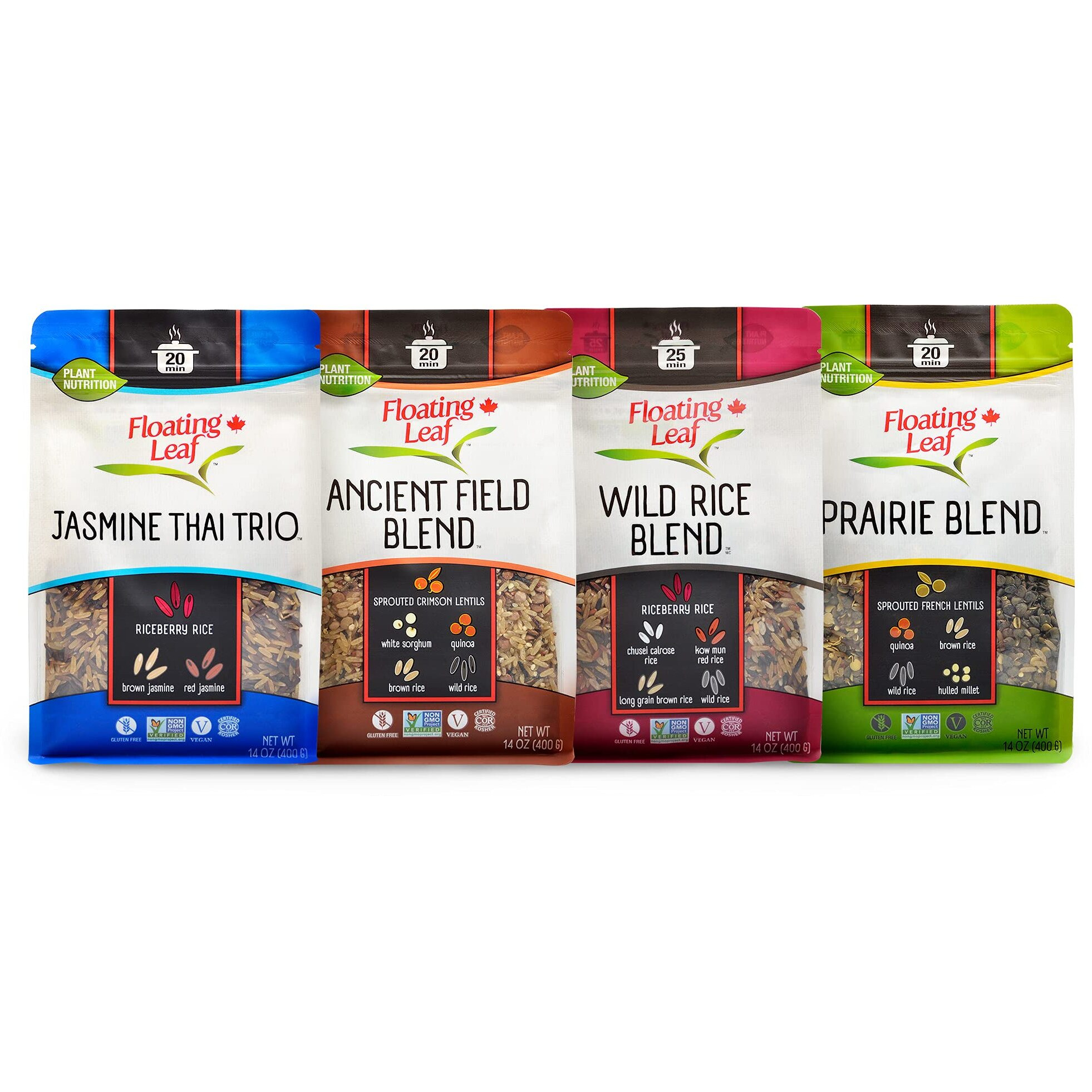 4 Packs X 14 Ounces Rice Variety Pack Includes Jasmine Thai Rice Trio, Wild Rice Blend, Prairie Blend And Ancient Field Blend, Non Gluten, Non-Gmo, Kosher And Vegan - Floating Leaf