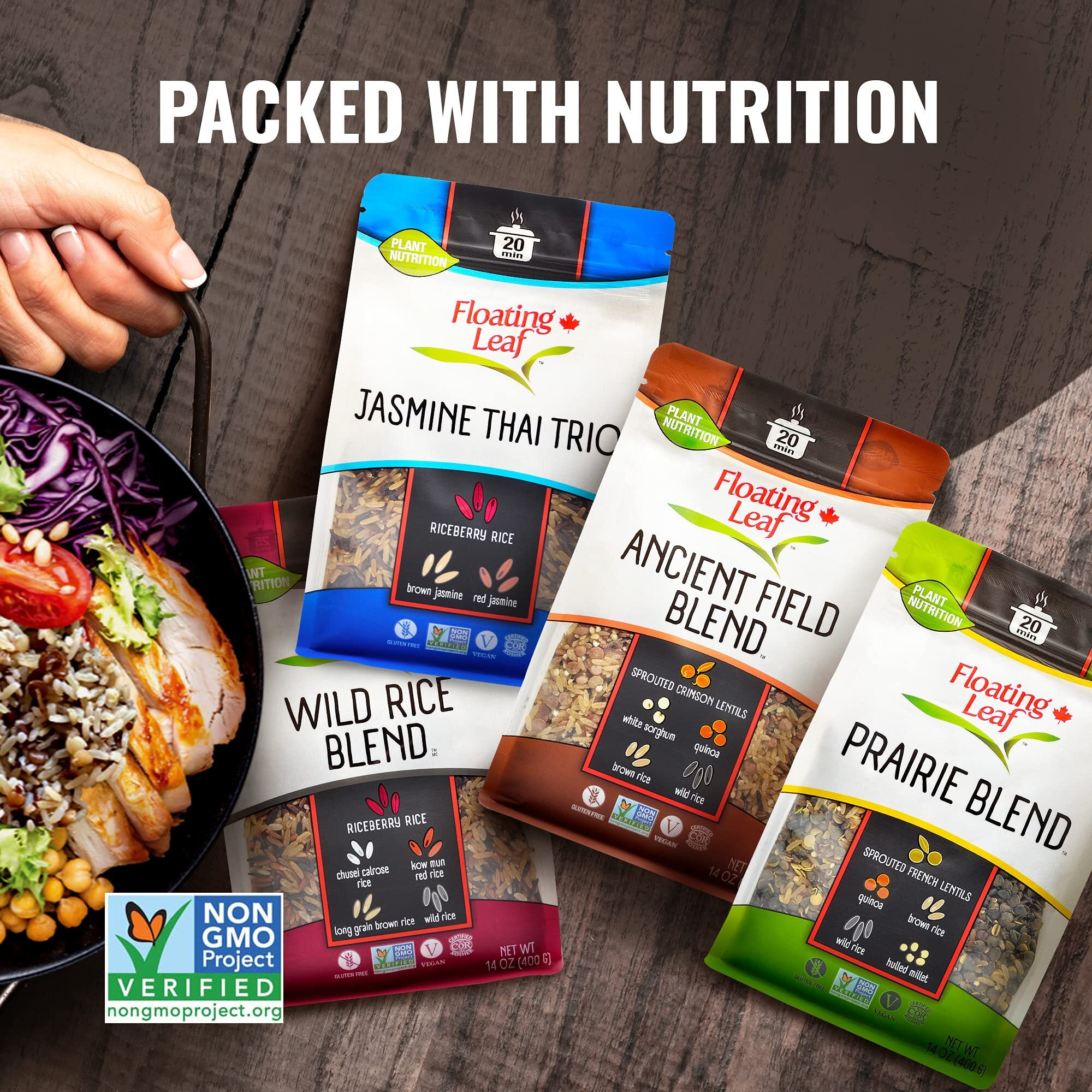 4 Packs X 14 Ounces Rice Variety Pack Includes Jasmine Thai Rice Trio, Wild Rice Blend, Prairie Blend And Ancient Field Blend, Non Gluten, Non-Gmo, Kosher And Vegan - Floating Leaf