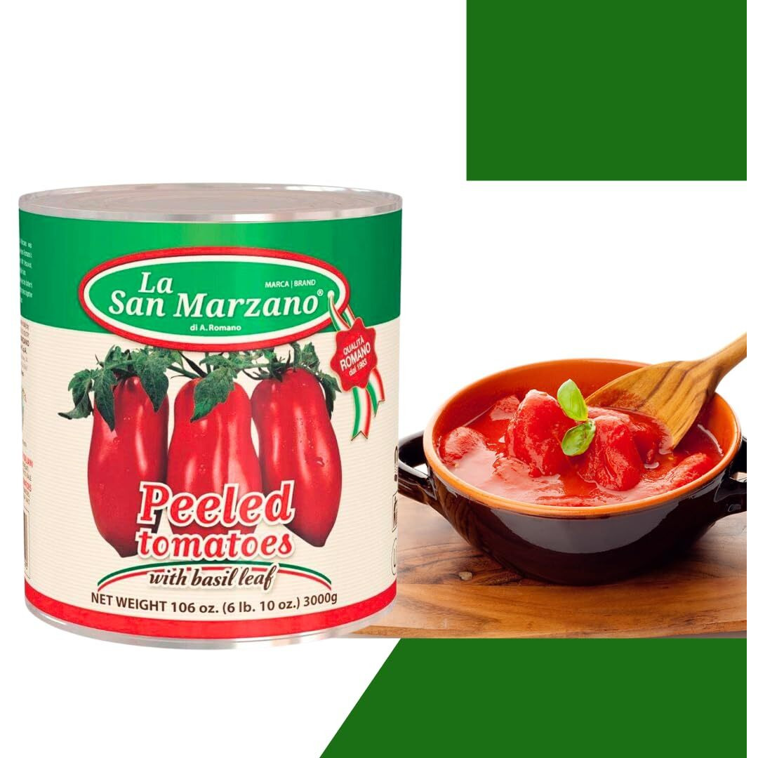 Large Can, La San Marzano Peeled Plum Tomatoes In Puree With Basil Leaf, 106 Oz (10 Can), Premium Quality, 100% Product Of Italy, Authentic Italian Flavor