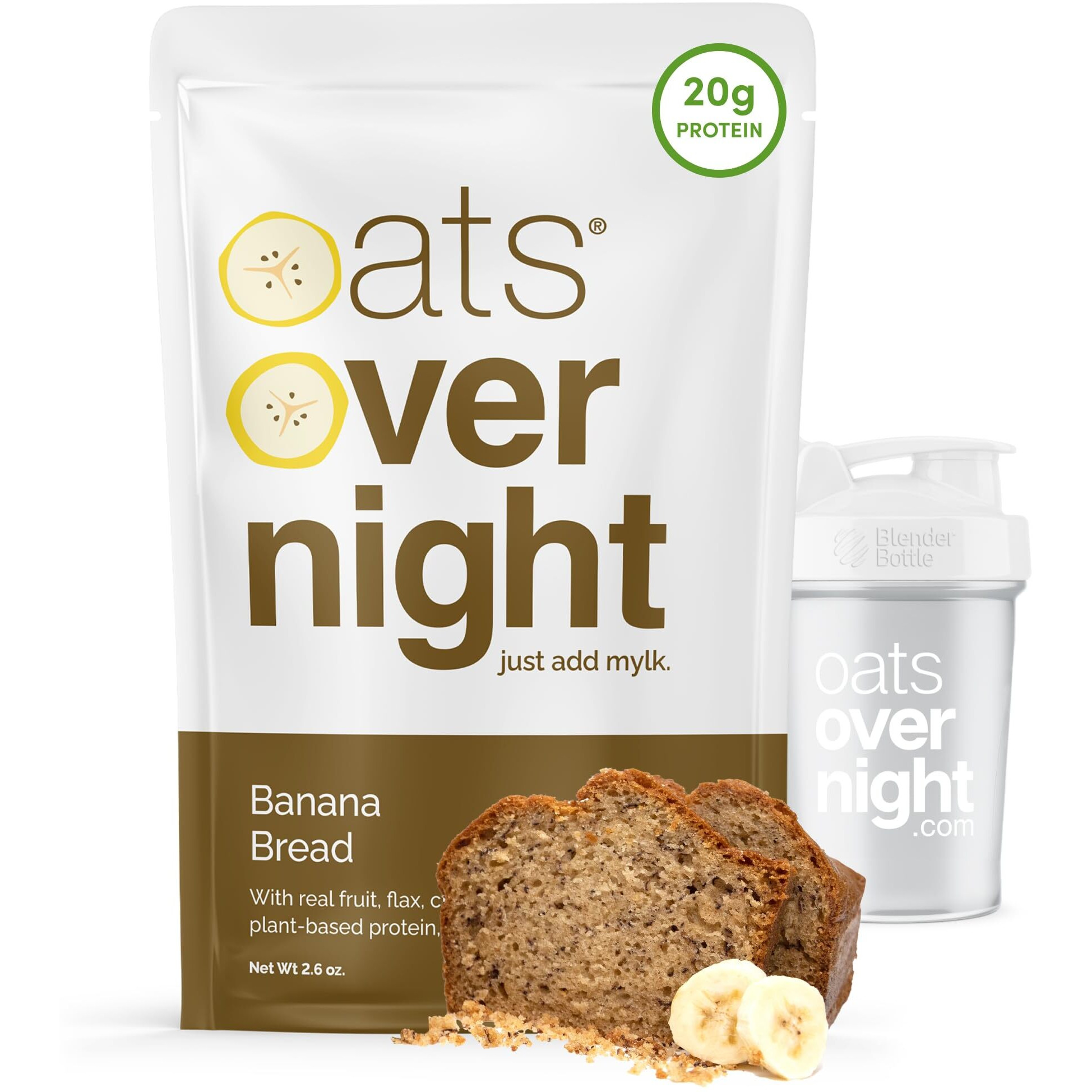 Oats Overnight Banana Bread - Vegan Overnight Oats With 20G Protein, High Fiber Breakfast Protein Shake - Gluten Free Oatmeal, Non Gmo High Protein Oatmeal (2.6 Oz Per Meal) (8 Pack + Blenderbottle)