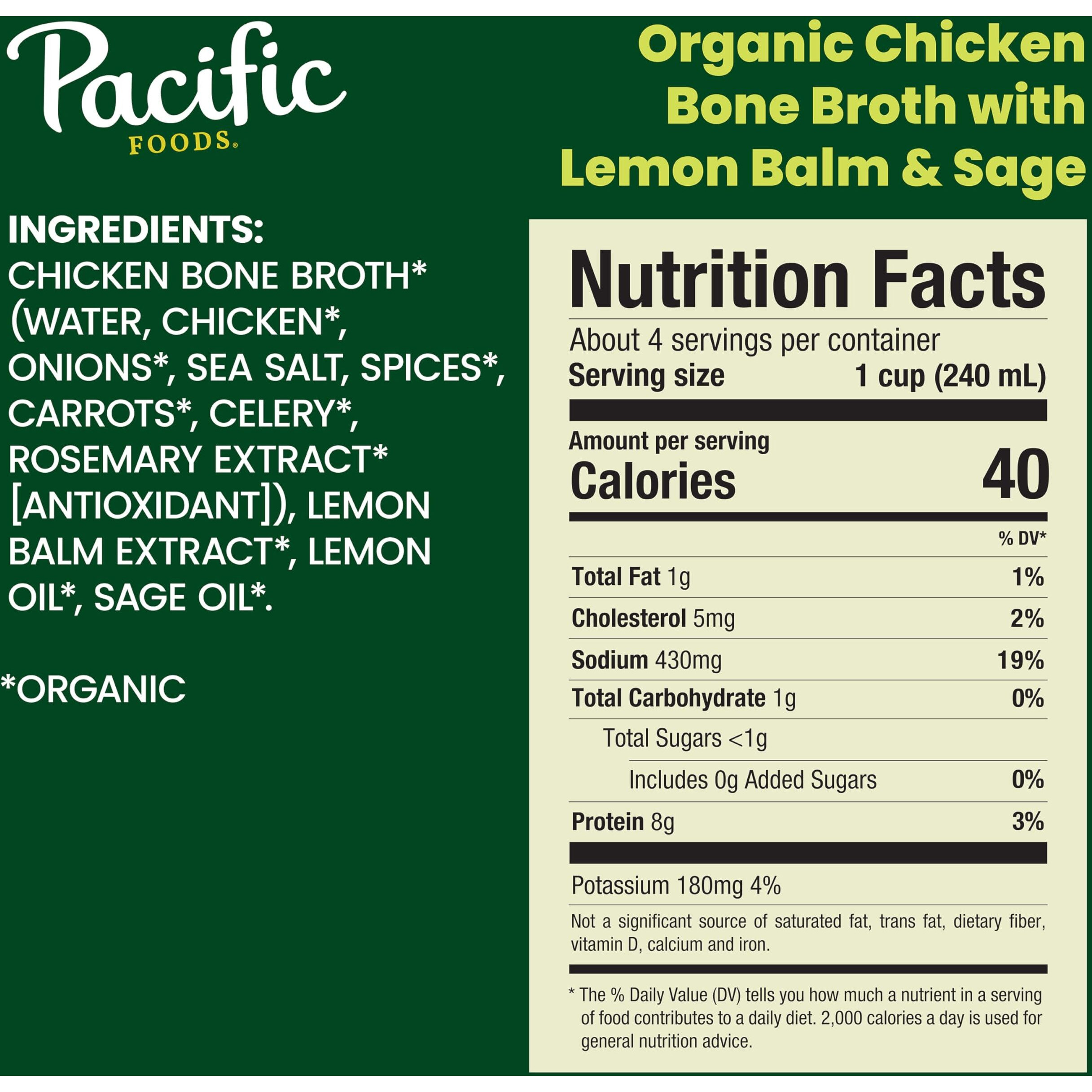 Pacific Foods Organic Chicken Bone Broth With Lemon Balm And Sage, 32 Oz Carton