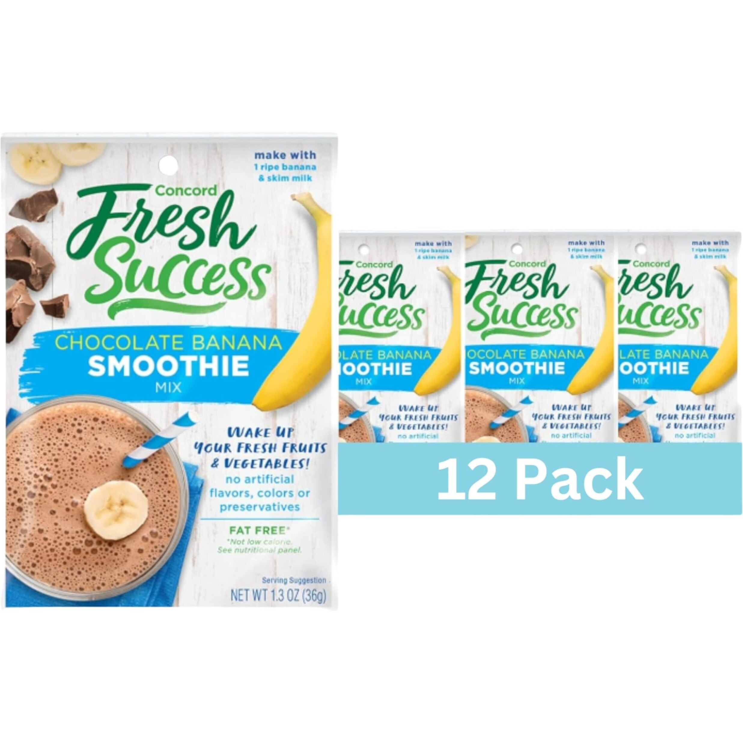 Concord Foods Chocolate Banana Smoothie Mix - Fruit Flavor With No Artificial Flavors, Colors, Or Preservatives - Ideal For Fresh Fruit Smoothies - 1.3 Ounce Pouch For Healthy Smoothies (Pack Of 12)