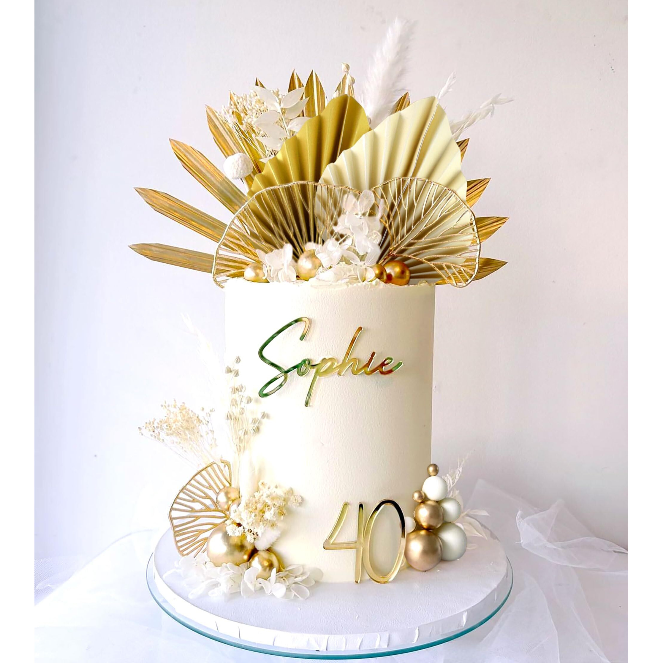 Laventy Champagne Rose Cake Decoration Balls Cake Decoration Gold Palm Leaves Cake Decoration Bohemian Cake Decoration Boho Cake Decoration White Gold Ball Cake Decoration Boho Party Supplies