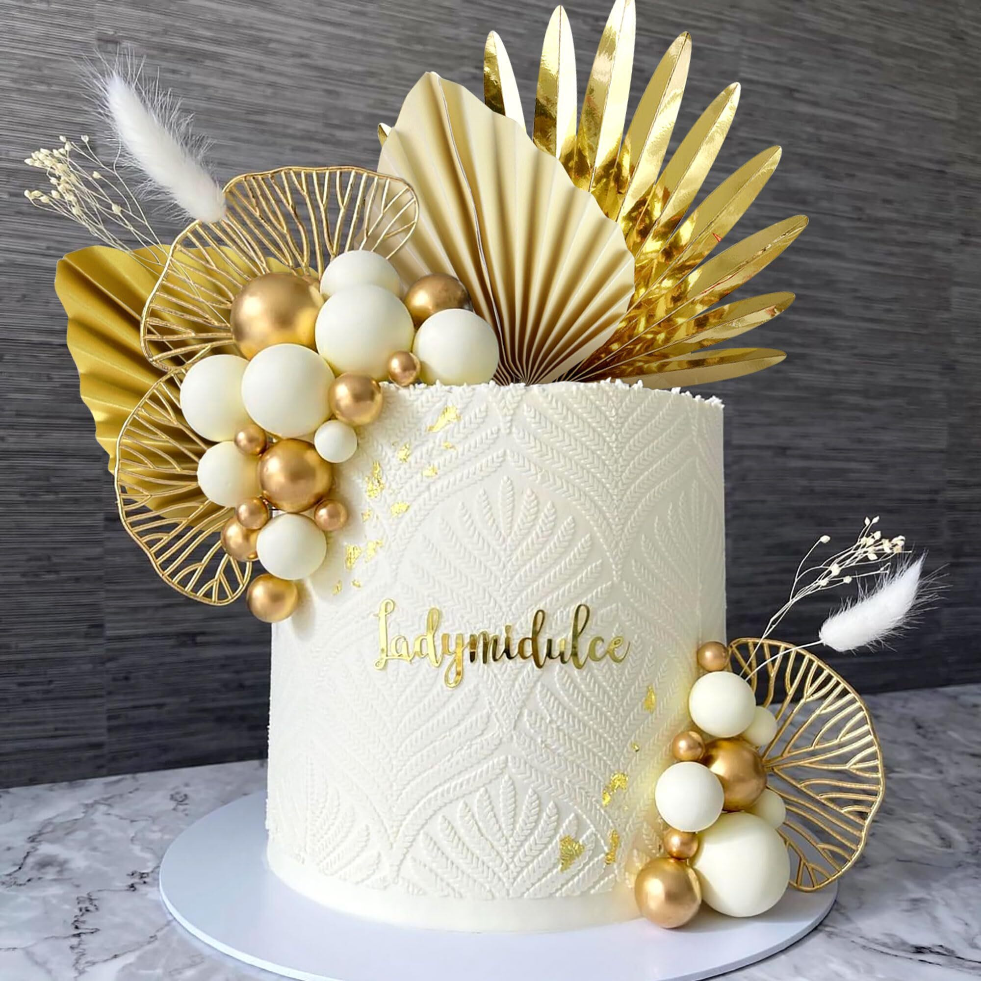 Laventy Champagne Rose Cake Decoration Balls Cake Decoration Gold Palm Leaves Cake Decoration Bohemian Cake Decoration Boho Cake Decoration White Gold Ball Cake Decoration Boho Party Supplies