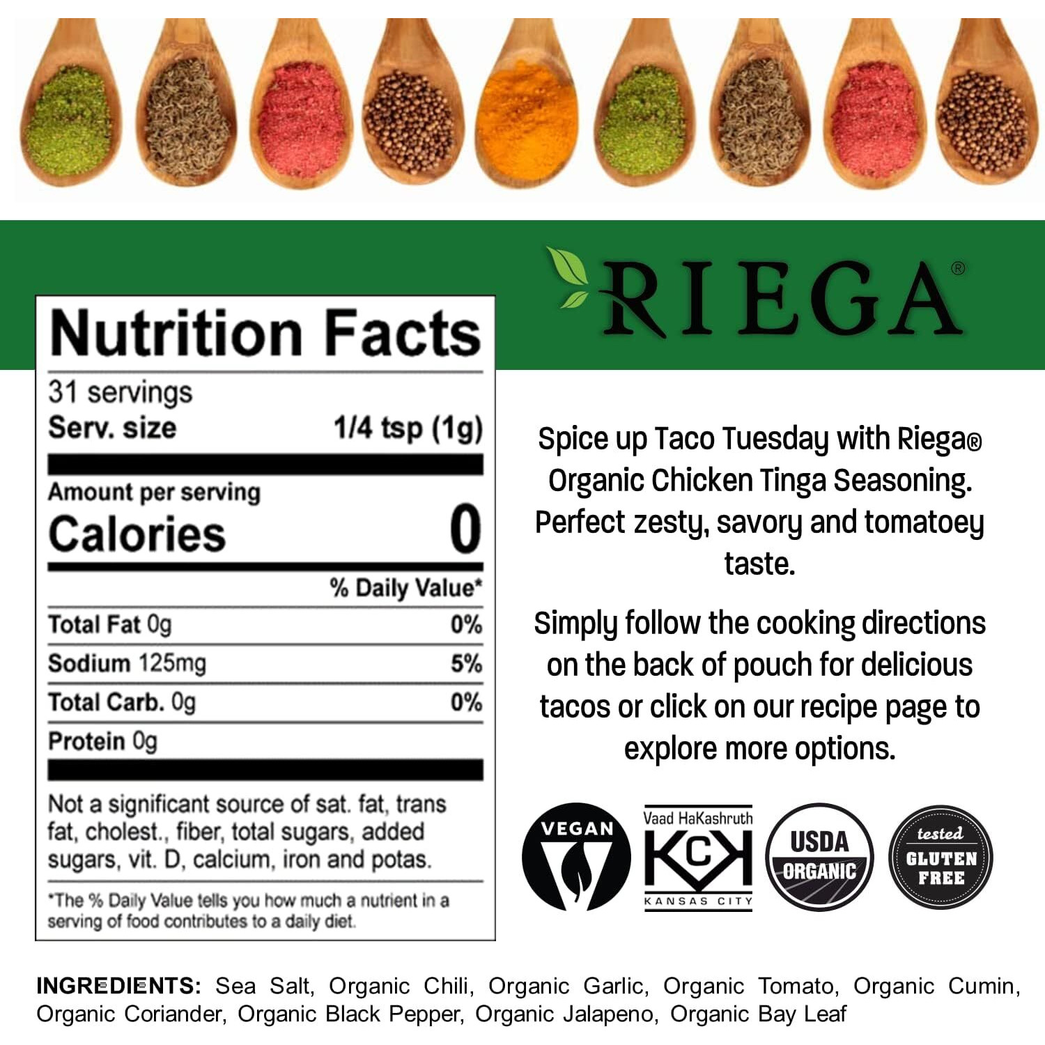 Riega Organic Chicken Tinga Street Taco Seasoning, Perfect Mix For Authentic Slow Cooker Shredded Chicken Taco 1.1 Ounce (Pack Of 8)