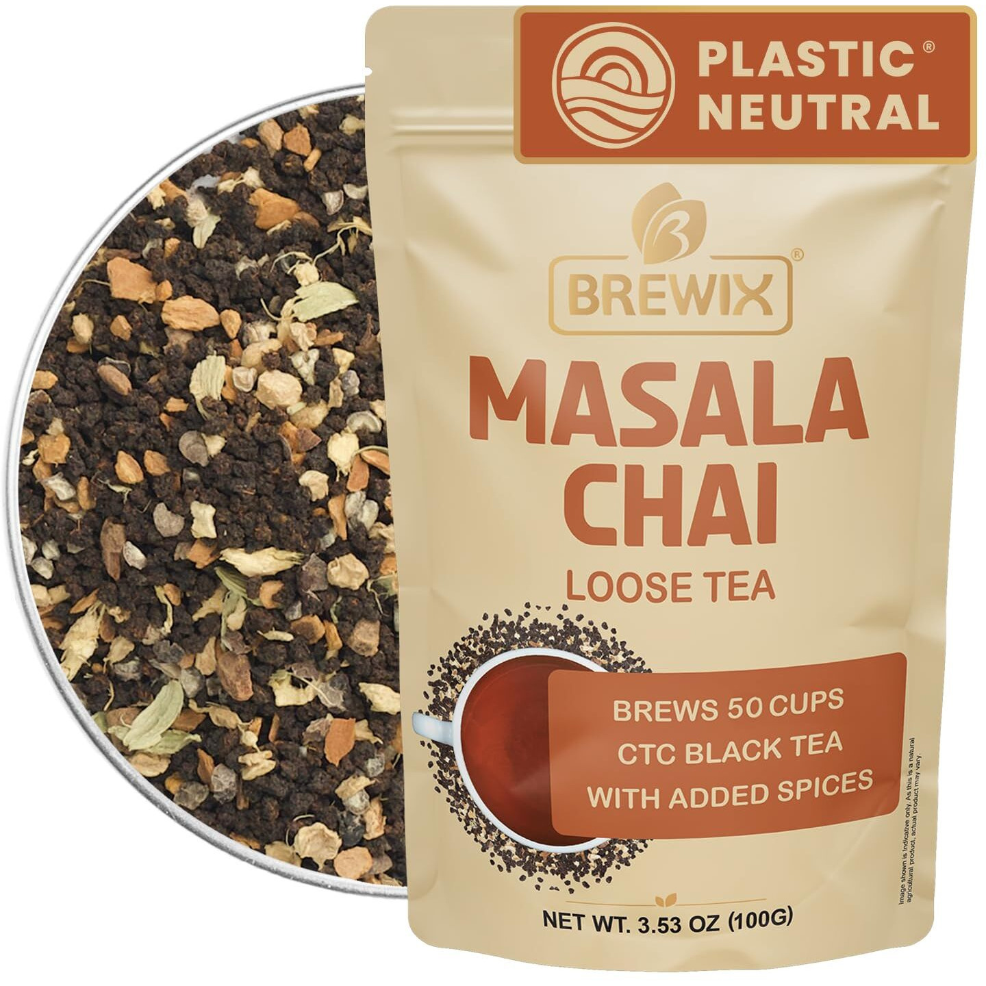 Brewix, Masala Chai Tea Loose Leaf Ctc Tea (50+ Cups, 3.53Oz/100G) Strong Robust & Aromatic, All Natural | Blended With Exotic Spices | Ginger, Cinnamon, Cardamom, Clove & Black Pepper