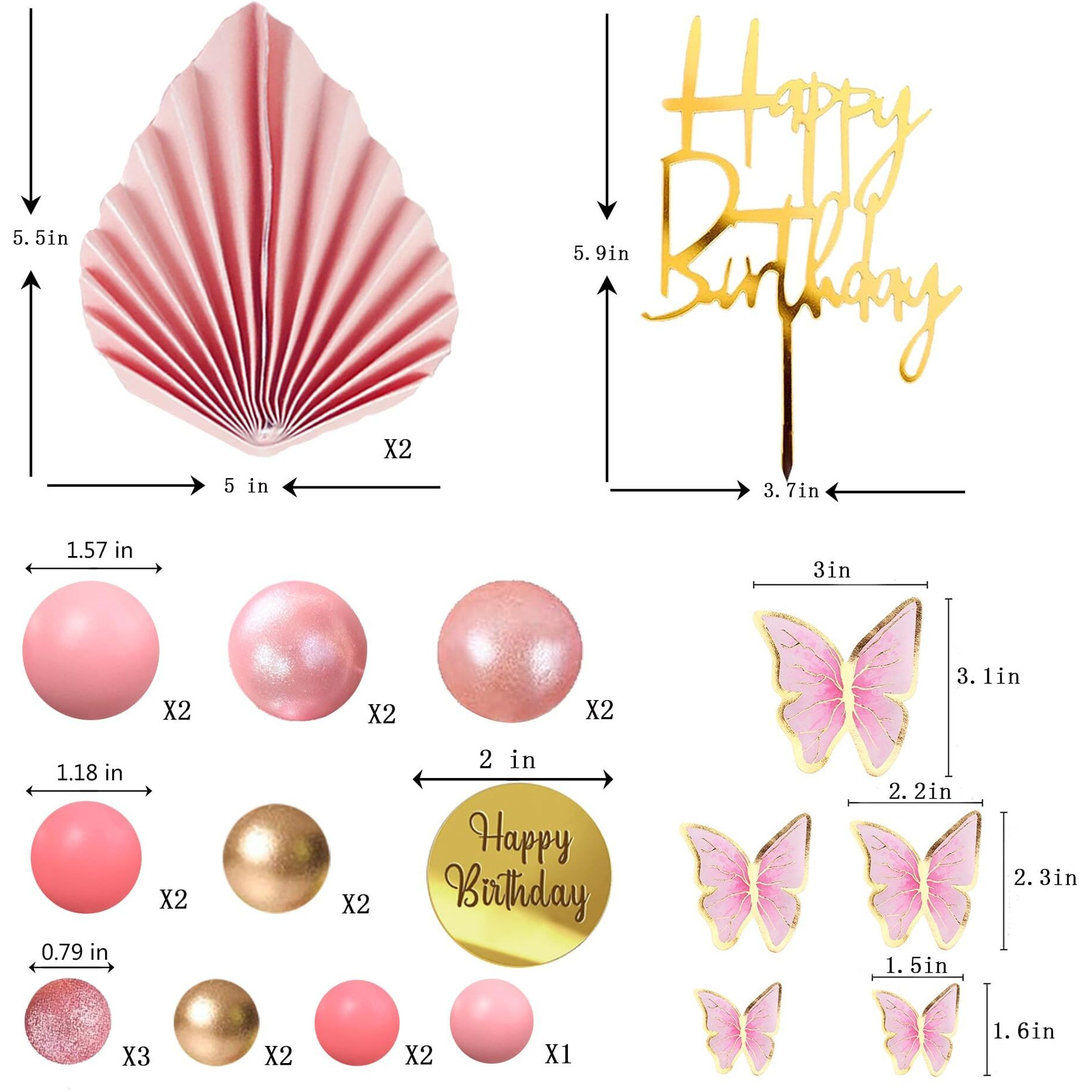Happy Birthday Cake Topper Pink Balls Cake Topper Butterfly Balls Cake Decorations For Baby Shower Wedding Birthday Boho Party Supplies