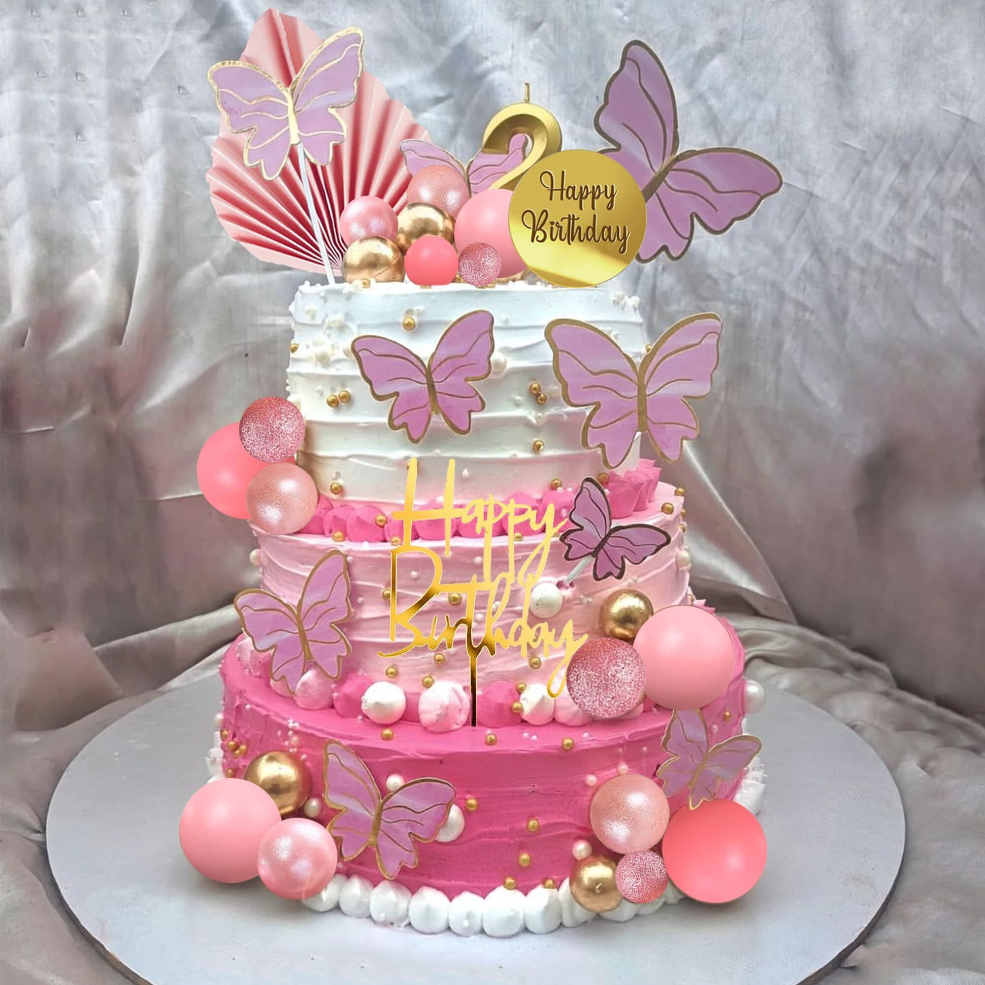 Happy Birthday Cake Topper Pink Balls Cake Topper Butterfly Balls Cake Decorations For Baby Shower Wedding Birthday Boho Party Supplies