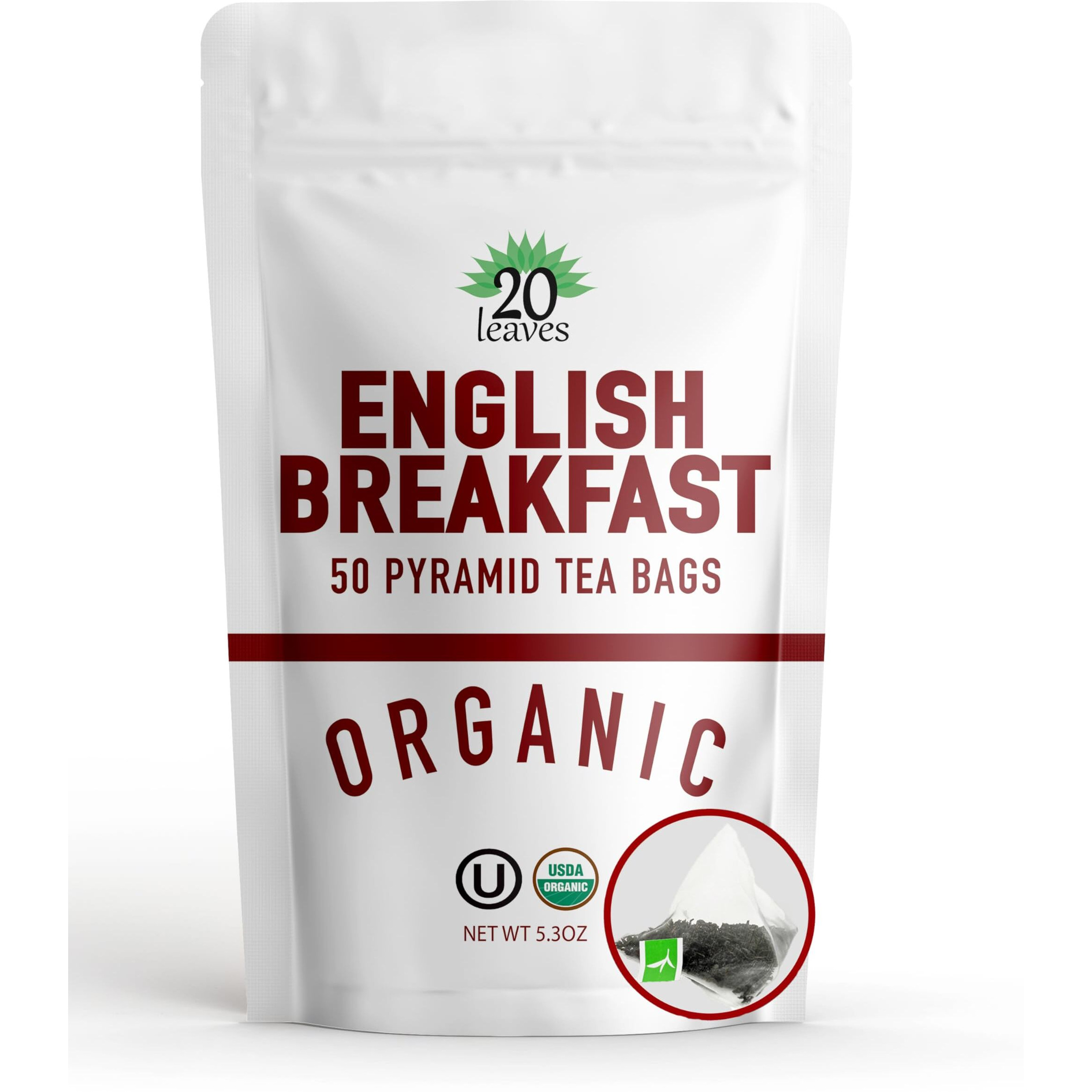 English Breakfast Black Tea - 100% Certified Organic - 50 Pyramid Tea Bags Sachets In Resealable Bag