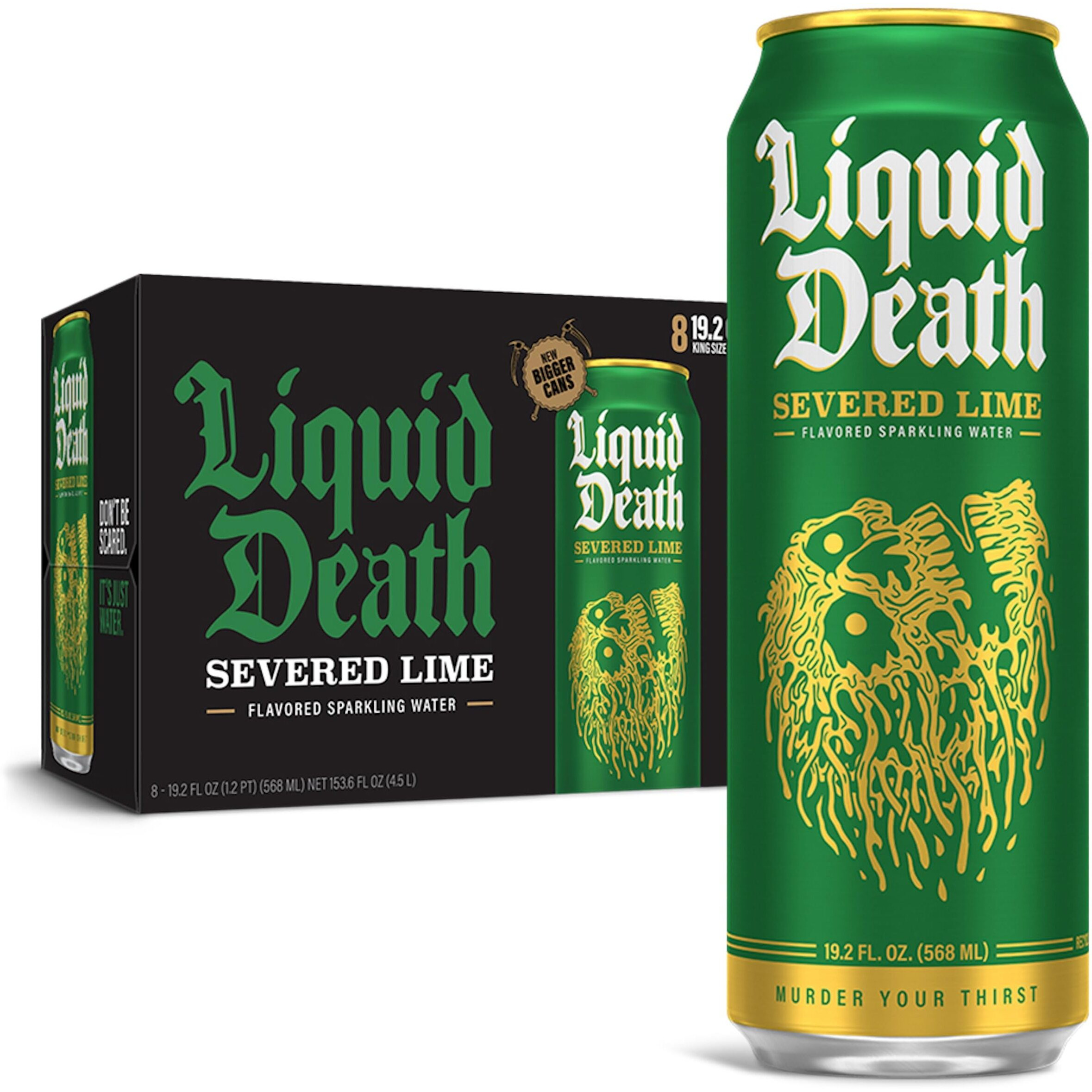 Liquid Death, Severed Lime Sparkling Water, 8-Pack (King Size 19.2Oz Cans), Lime Flavored Sparkling Beverage Sweetened With Real Agave, Low Calorie & Low Sugar