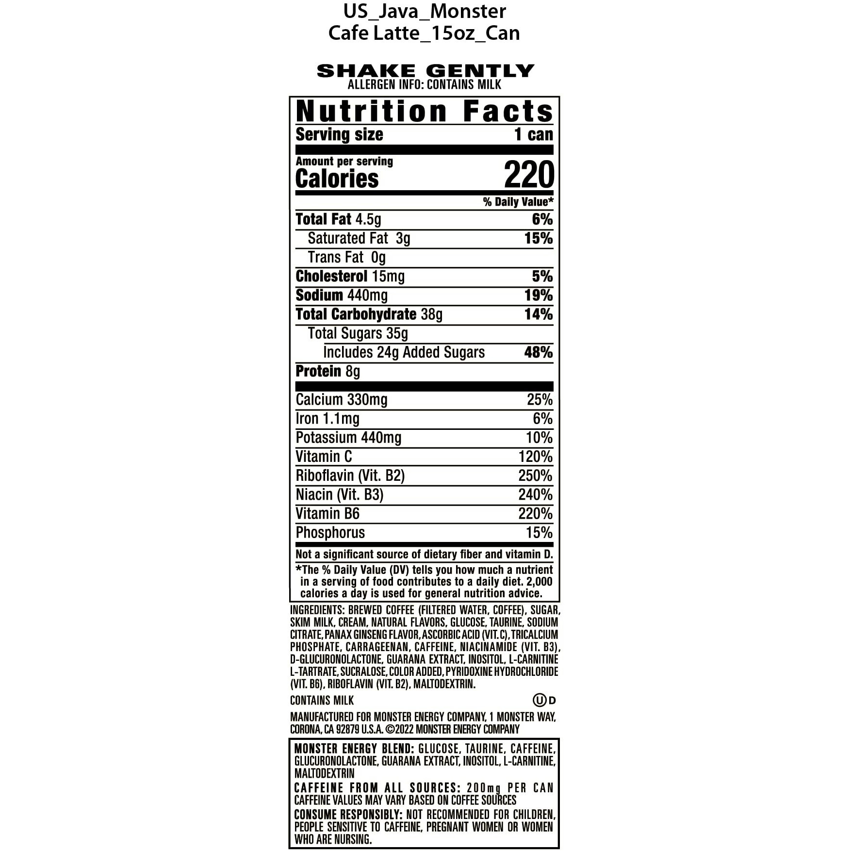 Monster Energy Java Caf   Latte, Coffee + Energy Drink, 15 Ounce (Pack Of 12)
