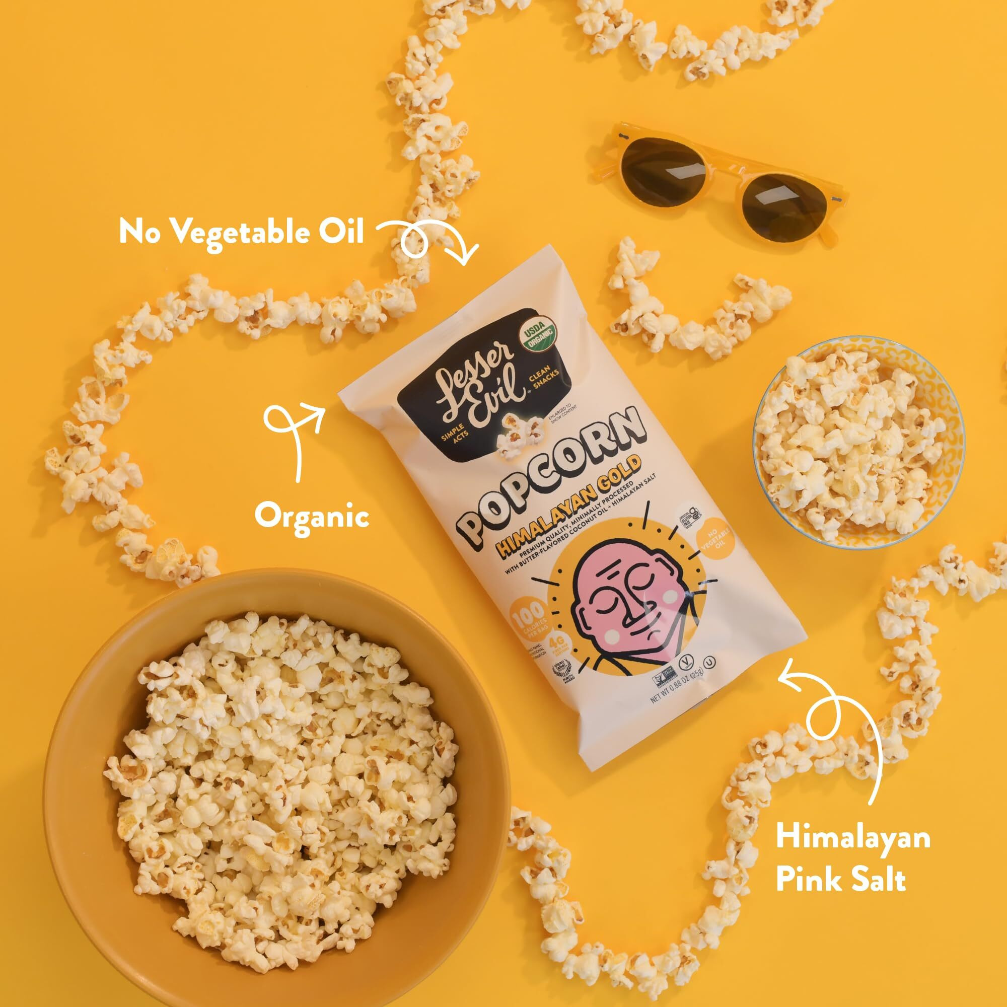 Lesserevil Himalayan Gold Salt Organic Popcorn, Premium Quality, Minimally Processed, No Vegetable Oil, 0.88 Oz (Pack Of 12)