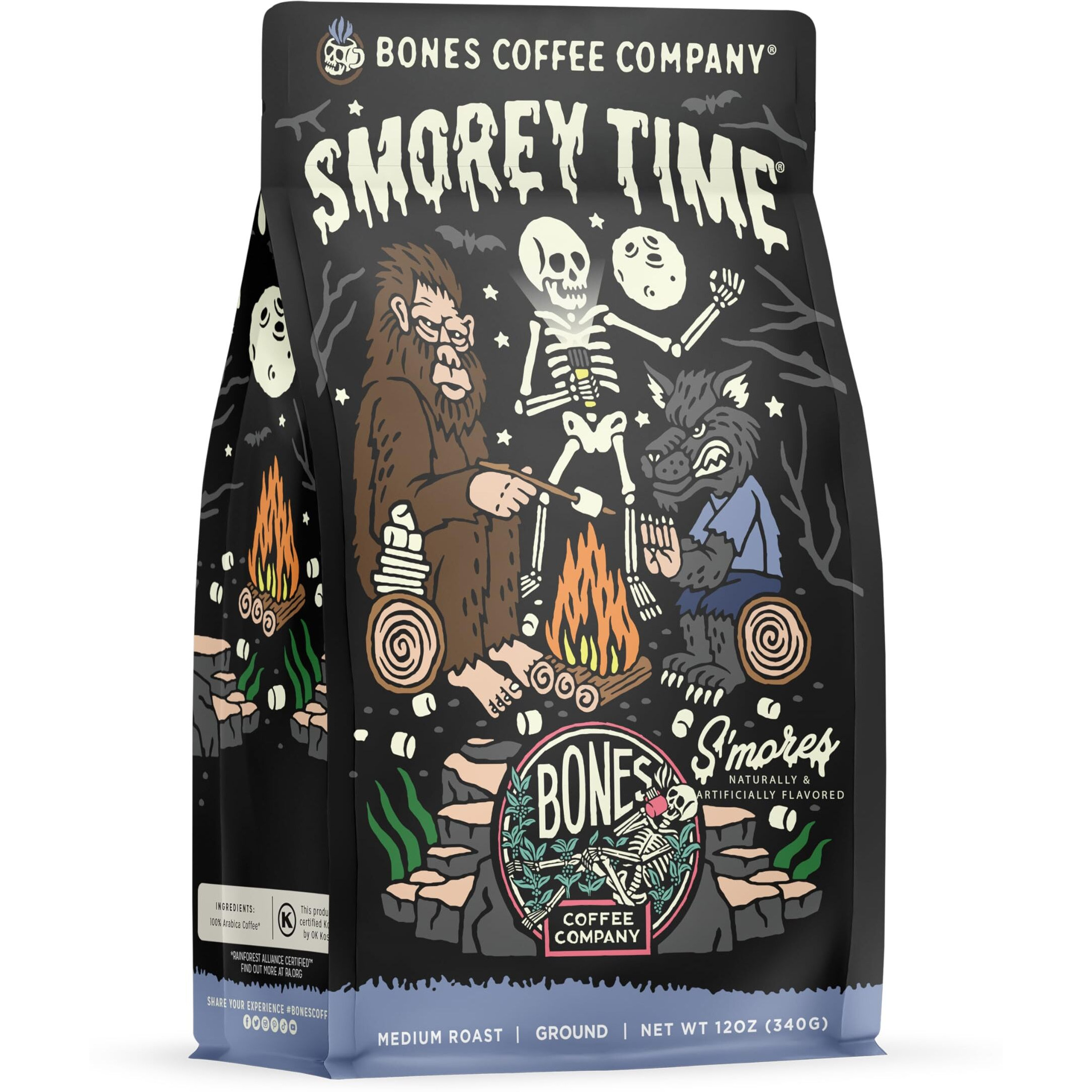 Bones Coffee Company S'Morey Time Ground Coffee Beans, S'Mores And Graham Crackers Flavor, Low Acid Flavored Coffee, Made With Arabica Coffee Beans, Medium Roast Gourmet Coffee (12 Oz)