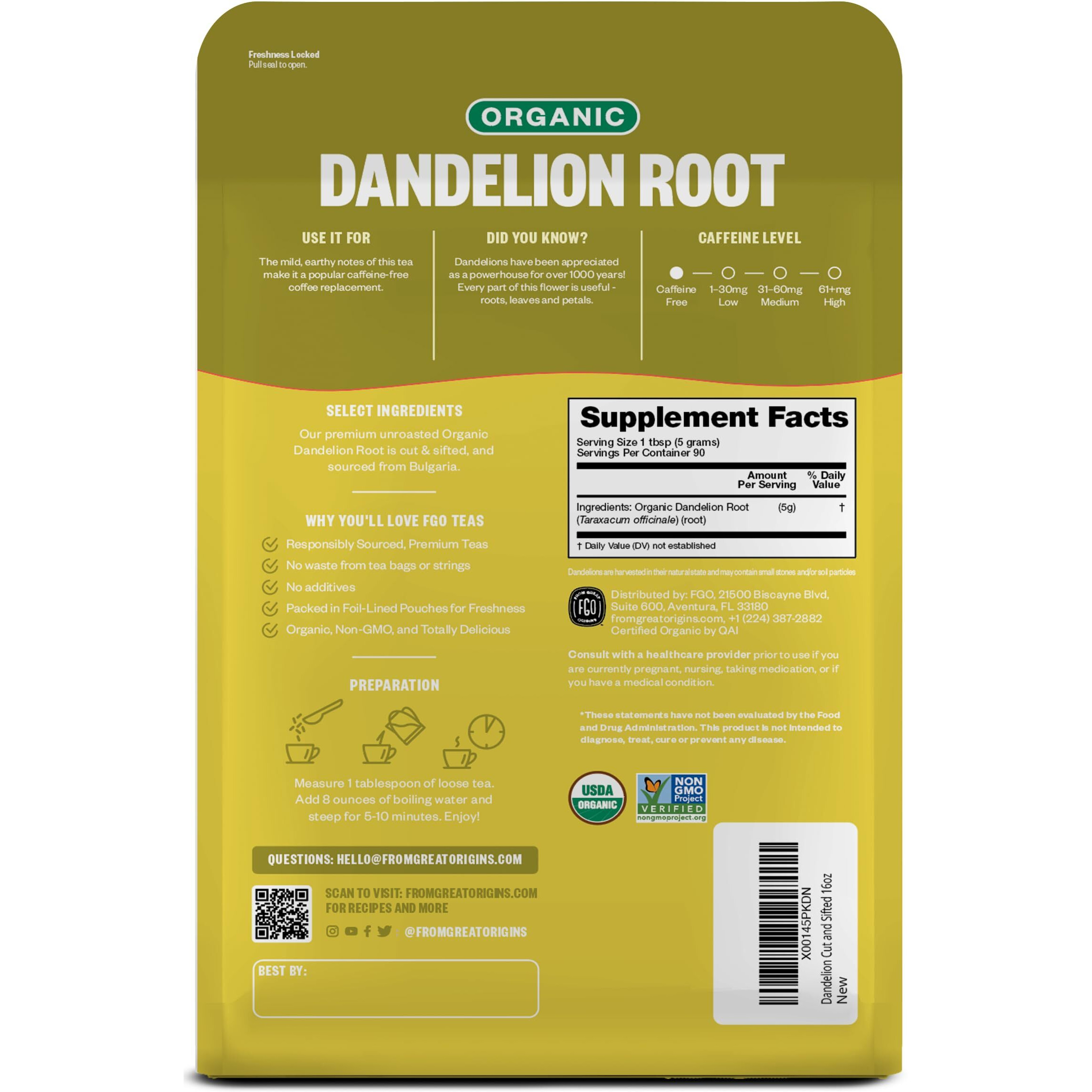 Fgo Organic Dandelion Root Loose Tea, Resealable Kraft Bag, 16Oz, Packaging May Vary (Pack Of 1)