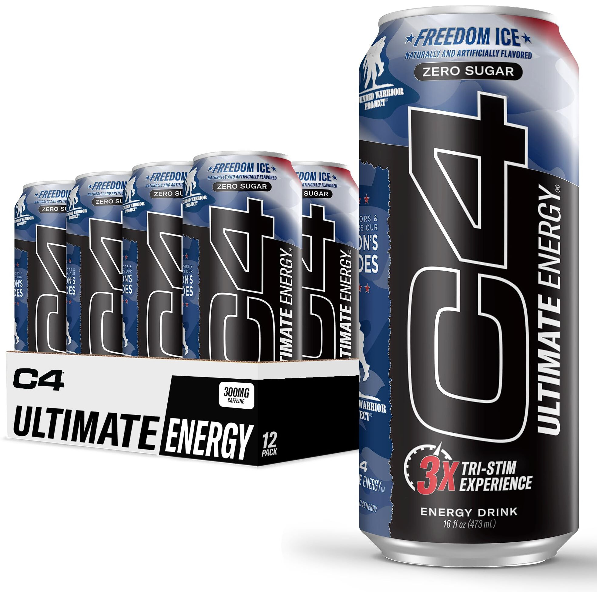 C4 Ultimate X Wounded Warrior Project | Pre Workout Sugar Free Energy Drink | Tri-Stim Experience With 300Mg Caffeine + Teacrine + Dynamine | Freedom Ice | 16Oz (Pack Of 12)