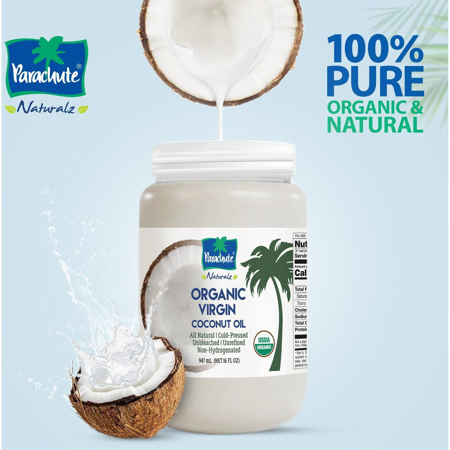 Parachute Naturalz Virgin Coconut Oil | 100% Organic Cooking Oil, Hair Oil And Skin Oil | Cold Pressed | Usda Certified | 32 Fl. Oz | Plastic Jar