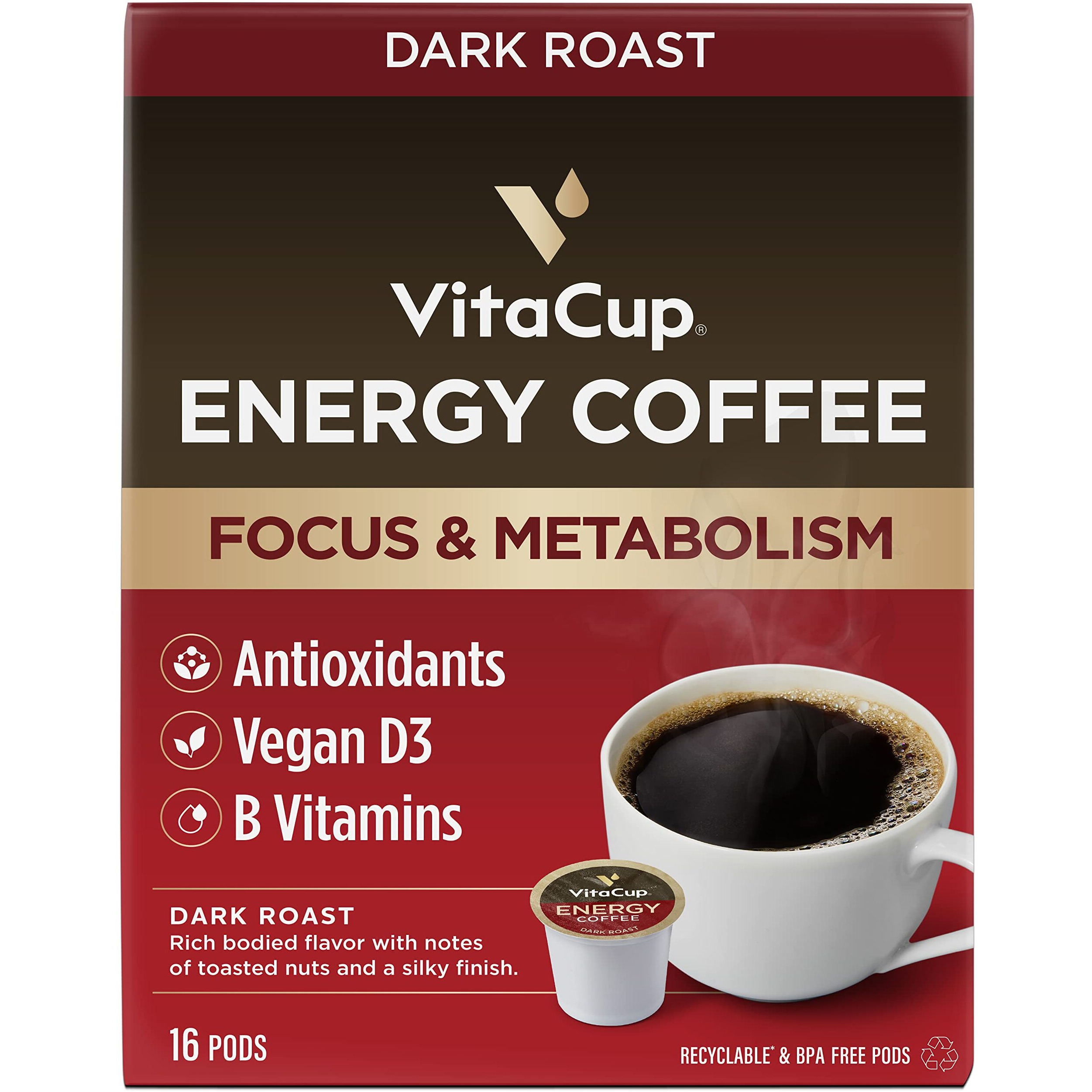 Vitacup Energy Dark Roast Coffee Pods, Boost Focus & Metabolism, Antioxidants, B Vitamins, Bold & Smooth,100% Arabica Coffee, Recyclable Single Serve Pod Compatible With Keurig K-Cup Brewers,16 Ct