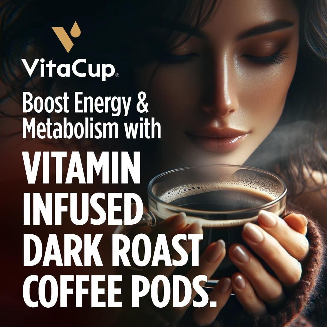 Vitacup Energy Dark Roast Coffee Pods, Boost Focus & Metabolism, Antioxidants, B Vitamins, Bold & Smooth,100% Arabica Coffee, Recyclable Single Serve Pod Compatible With Keurig K-Cup Brewers,16 Ct