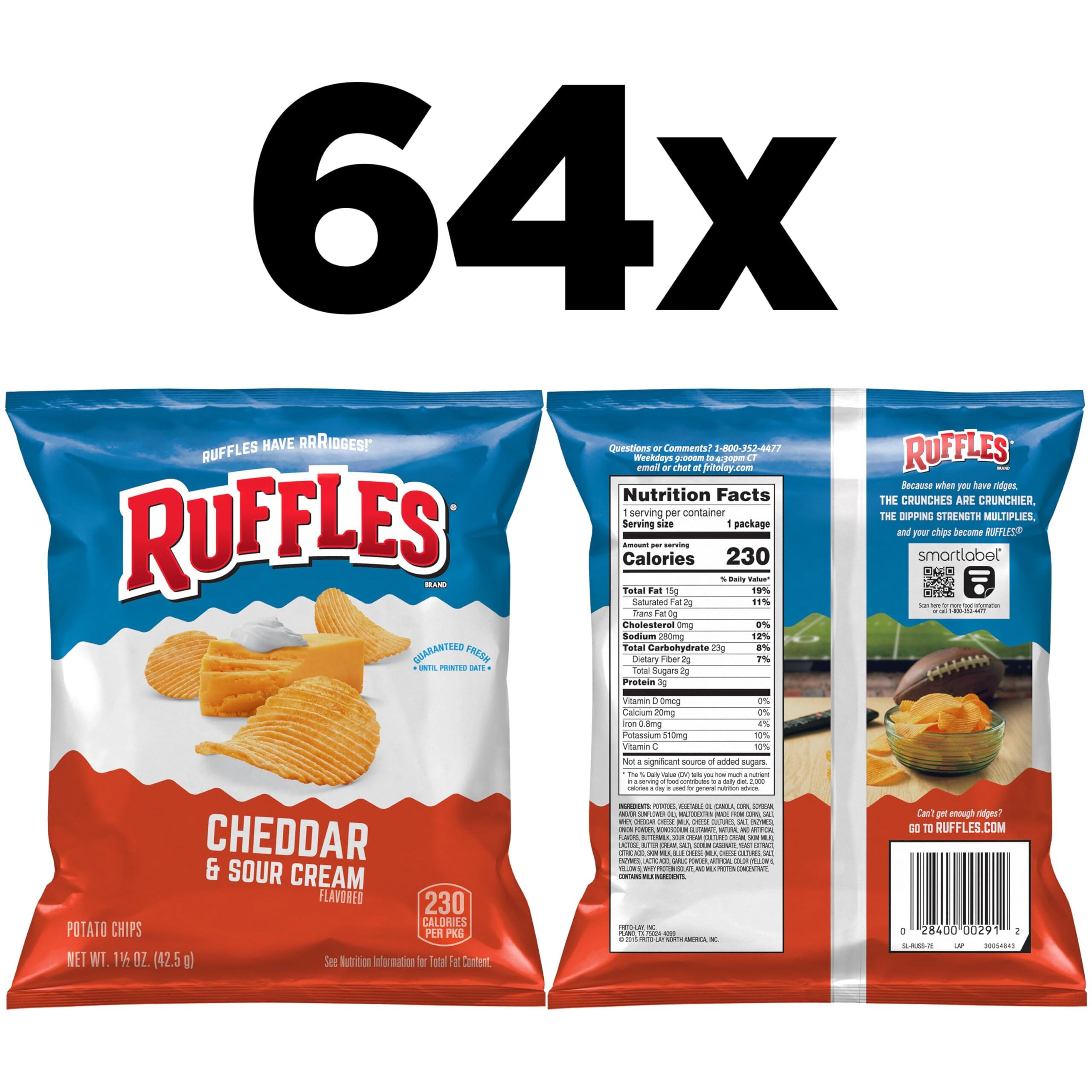 Ruffles Cheddar & Sour Cream Flavored Potato Chips, 1.5 Ounce (Pack Of 64)