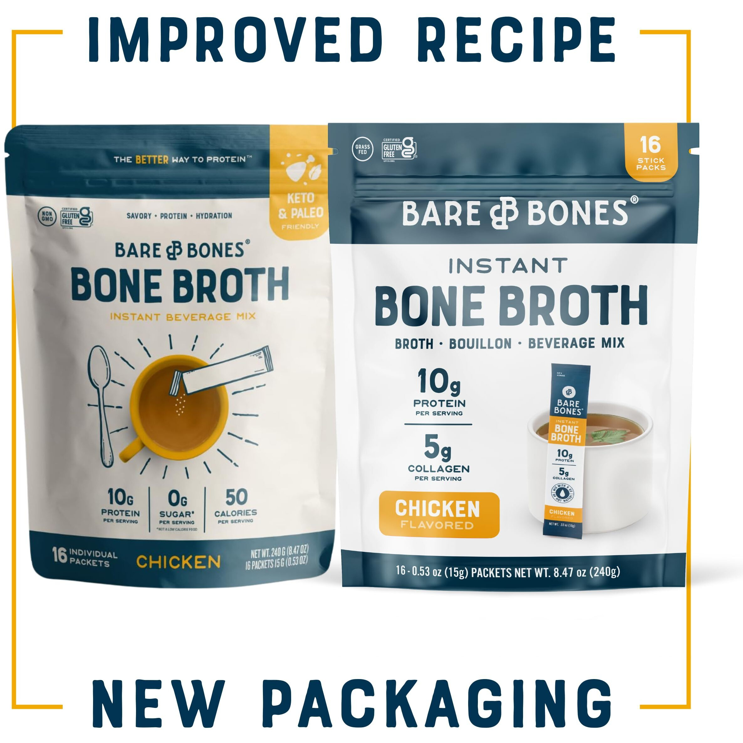 Bare Bones Bone Broth Instant Powdered Beverage Mix, Chicken, Pack Of 32, 15G Sticks, 10G Protein, Keto & Paleo Friendly