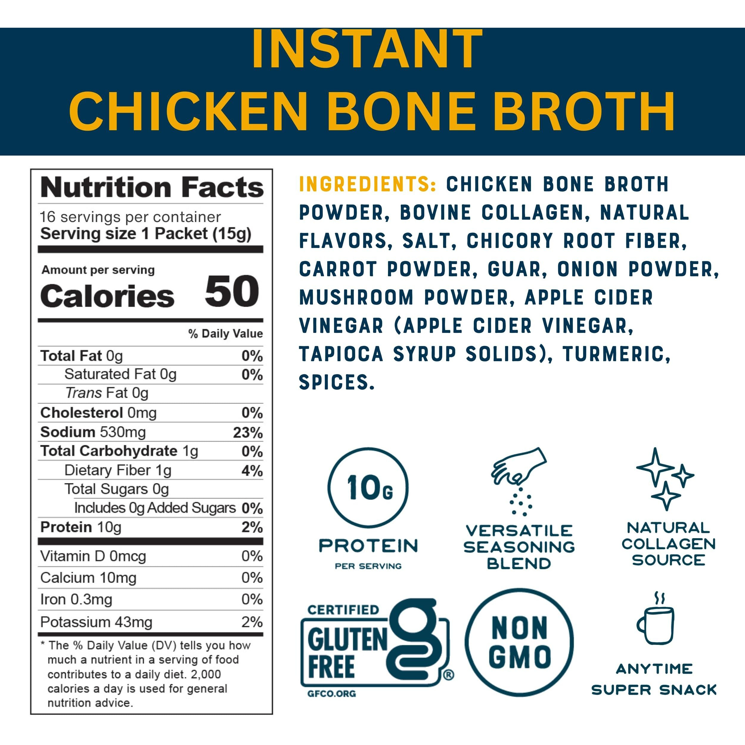 Bare Bones Bone Broth Instant Powdered Beverage Mix, Chicken, Pack Of 32, 15G Sticks, 10G Protein, Keto & Paleo Friendly
