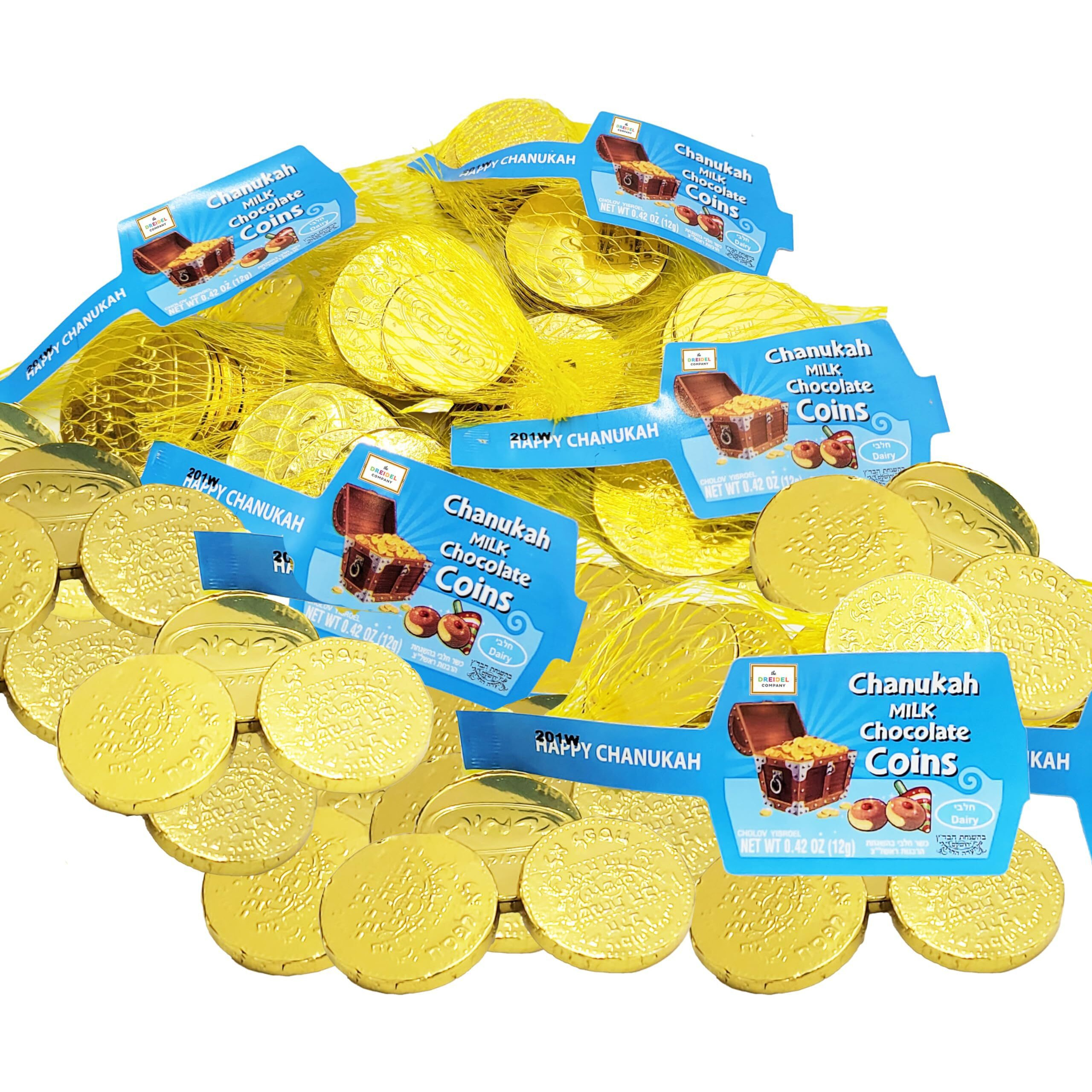 The Dreidel Company Hanukkah Chocolate Gelt, Milk Chocolate Coins, Made In Israel, Kosher Certified Cholov Yisroel Chanukah Coins Box, 0.42 Oz Each (6 Mesh Bags)