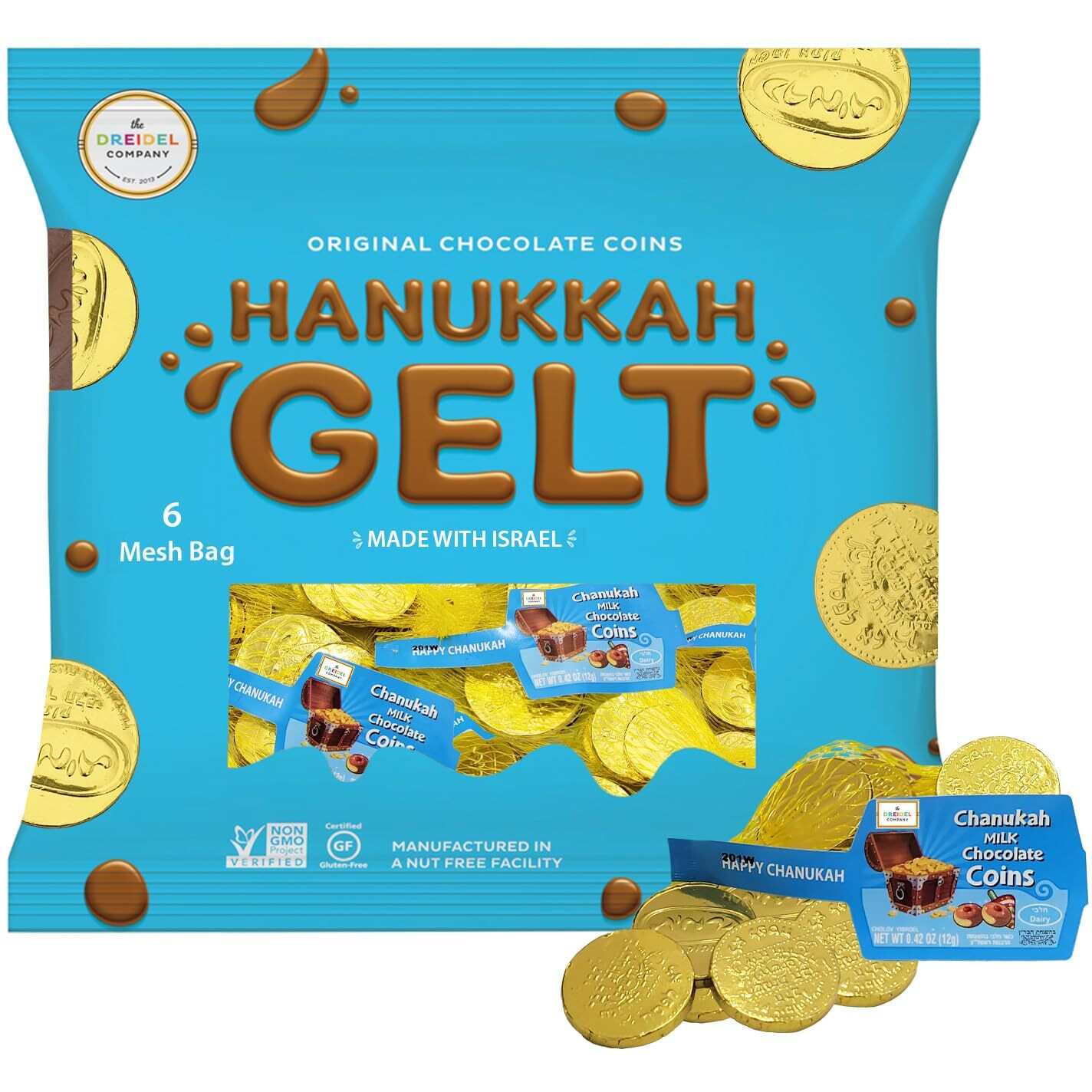 The Dreidel Company Hanukkah Chocolate Gelt, Milk Chocolate Coins, Made In Israel, Kosher Certified Cholov Yisroel Chanukah Coins Box, 0.42 Oz Each (6 Mesh Bags)