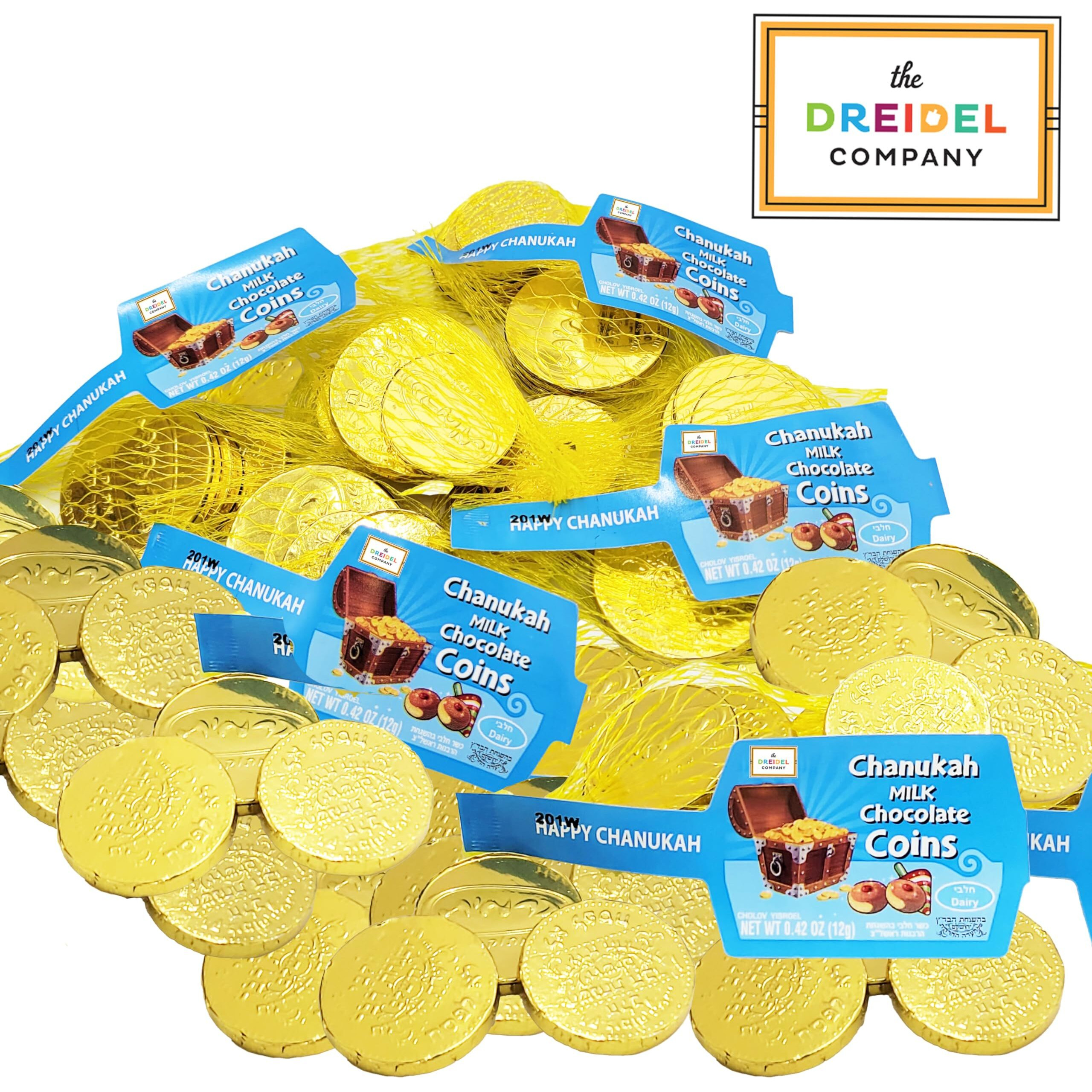 The Dreidel Company Hanukkah Chocolate Gelt, Milk Chocolate Coins, Made In Israel, Kosher Certified Cholov Yisroel Chanukah Coins Box, 0.42 Oz Each (6 Mesh Bags)