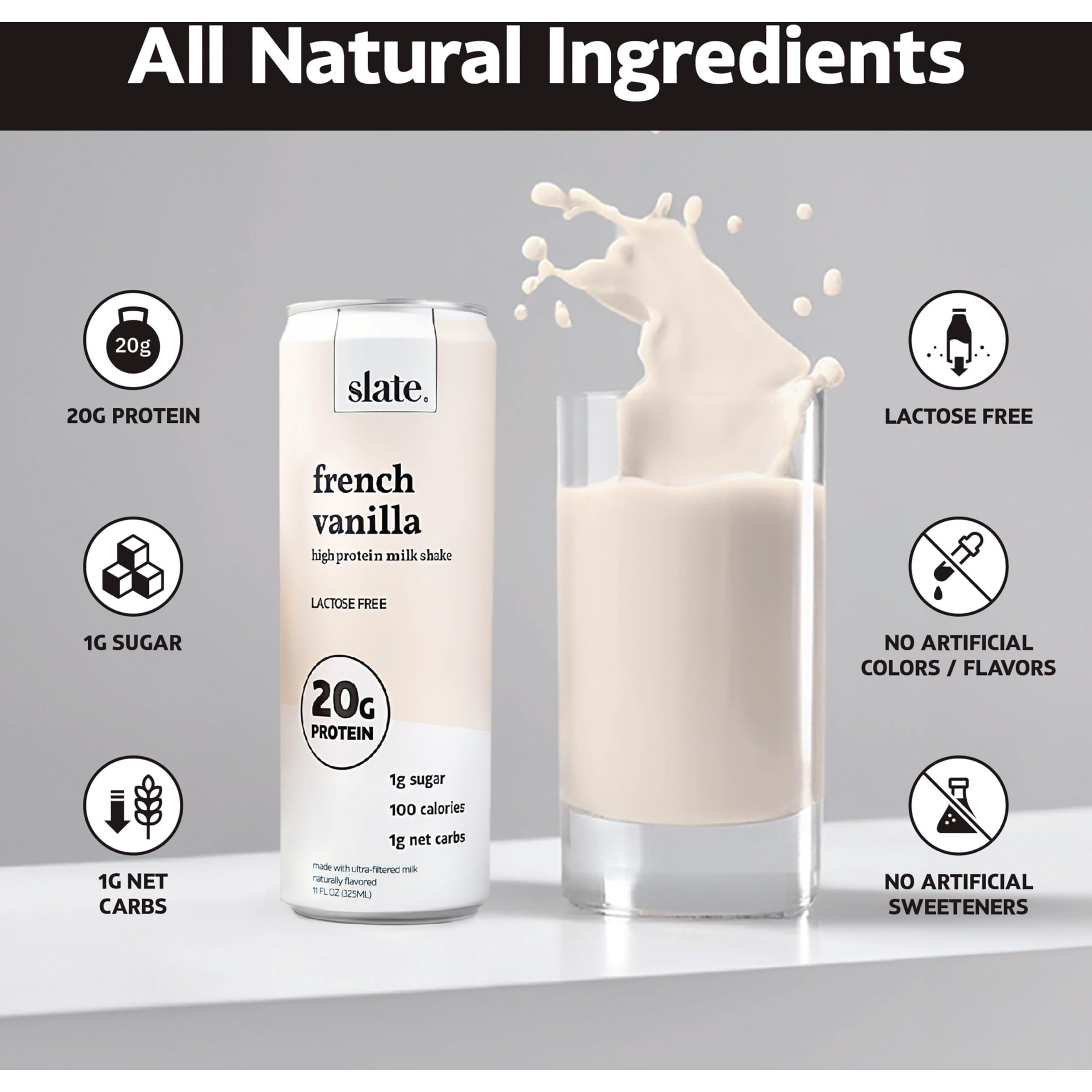 Slate Milk - High Protein Milk Shake - French Vanilla - Lactose Free, 20G Protein, 1G Sugar, 100 Calories, 1G Net Carbs, No Added Sugar - Natural, Breakfast Boost, Post Workout - 11 Fl Oz, 24 Cans