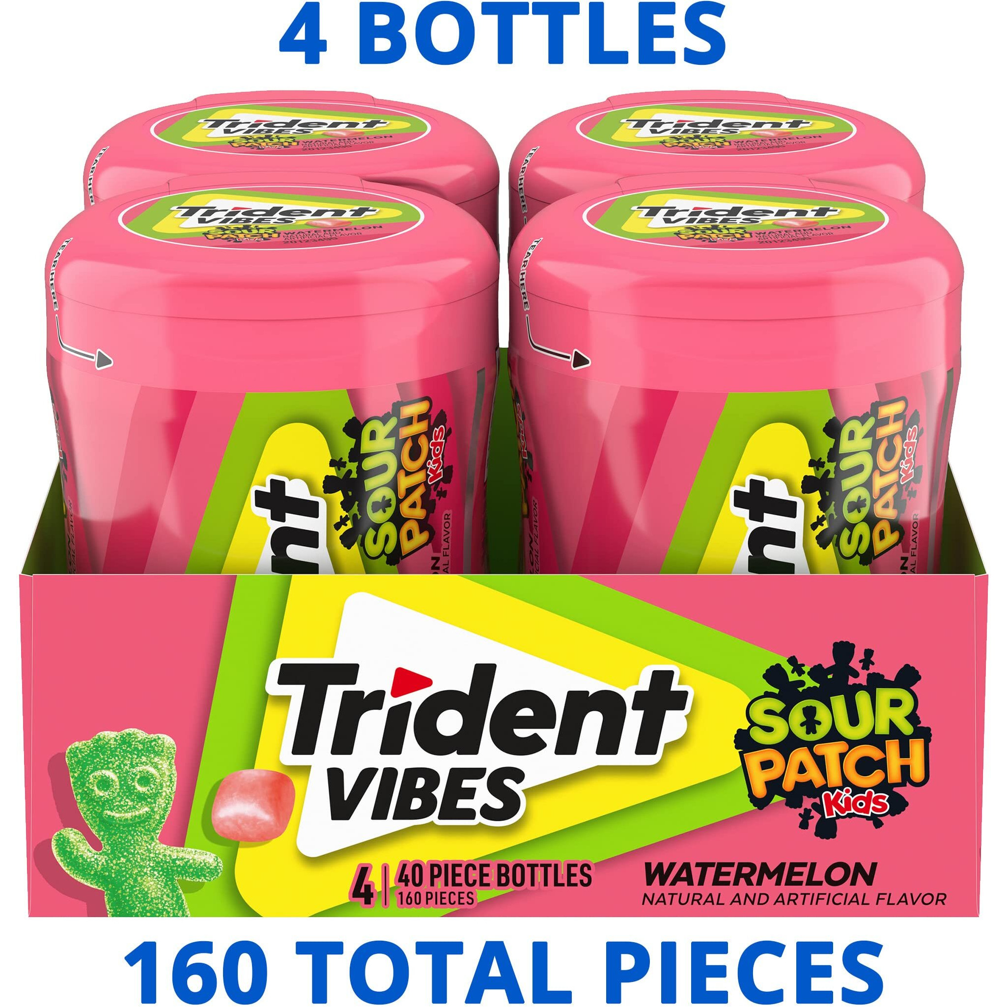 Trident Vibes Sour Patch Kids Watermelon Sugar Free Gum, 4 Bottles Of 40 Pieces (160 Total Pieces)